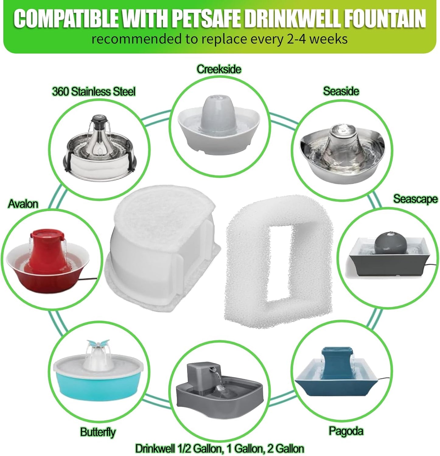 Pet Cat Water Fountain Filters Replacment Compatible with Drinkwell Petsafe Fountain Stainless Steel 360 Avalon, Pagoda Seascape and Sedona Water Bowl (16 Packs)