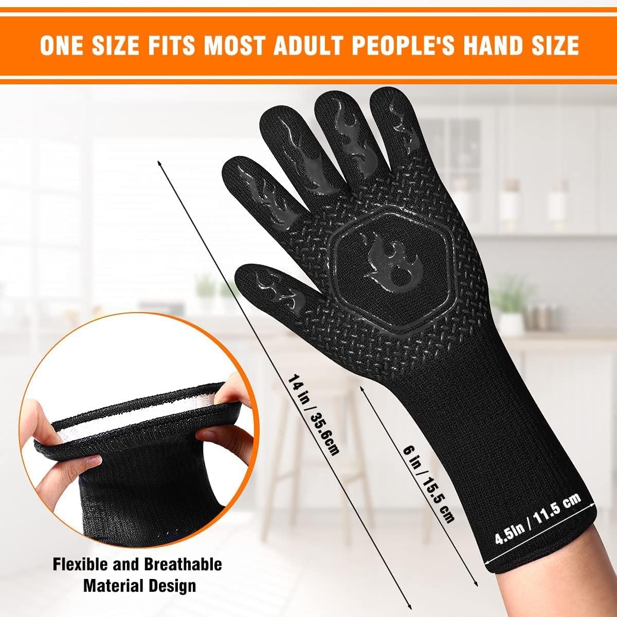 HAMITOR BBQ Grill Gloves : 1472℉ High Temp Resistance Fireproof Glove for Grilling Barbecue - Washable Long Oven Mitts Extreme Hot Proof Mittens for Kitchen Cooking Baking