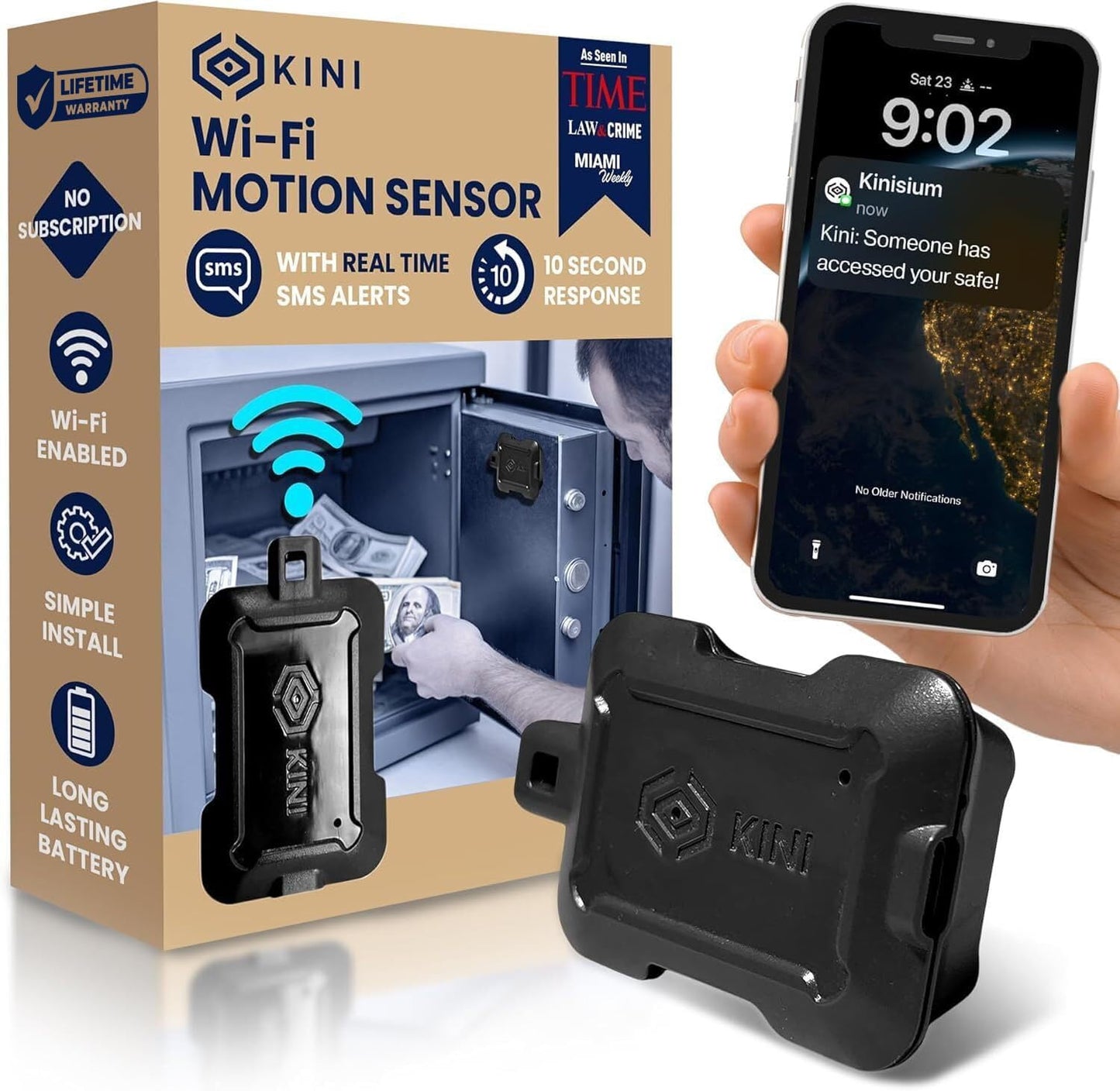 Instant Kini Safe Alert Wi-Fi Motion Sensor Alarm - Real-time SMS, Email, IFTTT - Great for Gun Safes, Cabinets, Office - Easy Install, No Subscription, Long Lasting Rechargeable Battery, USA-Made