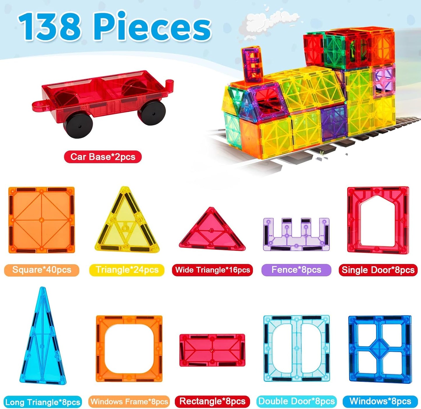 Ryoichi 138PCS Magnetic Building Tiles Set with 2 Cars, STEM Educational Construction Blocks & Montessori Learning Toys for Kids Ages 3-9+ Years