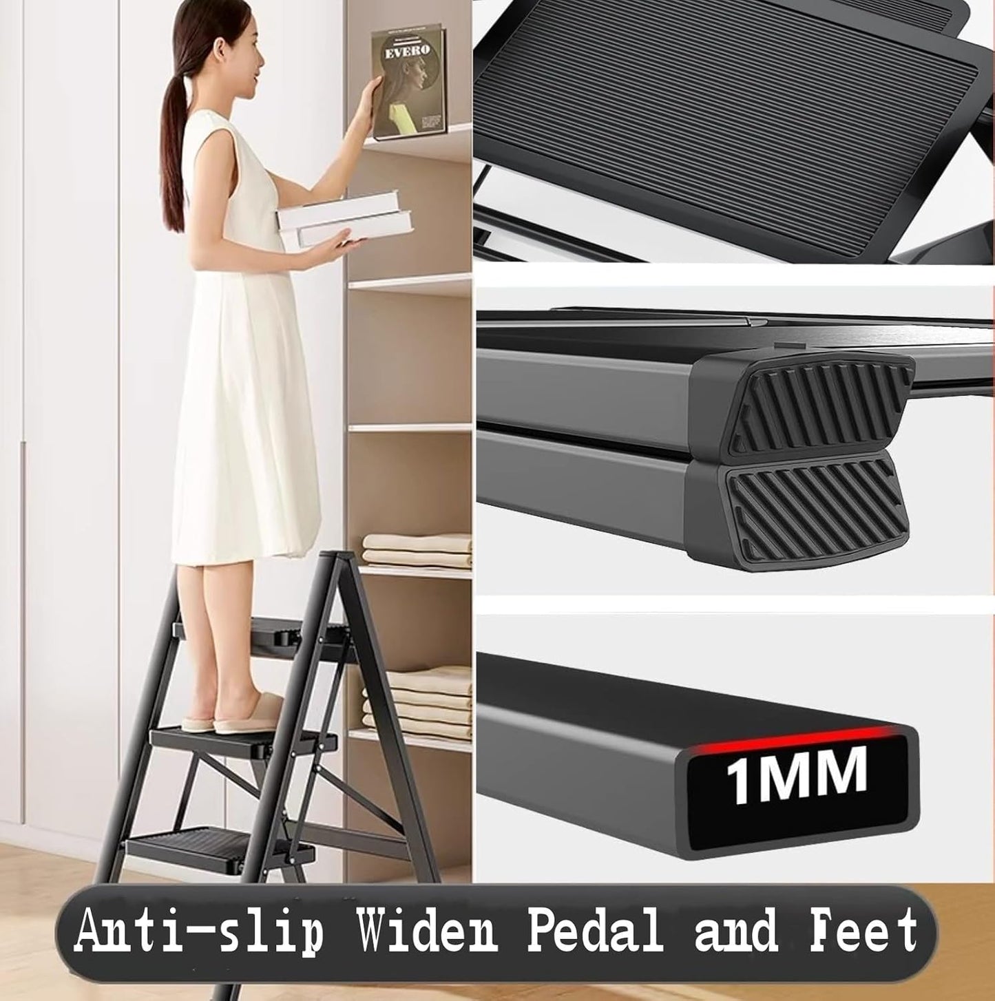 Step Ladder 5 Step Folding Portable Step Ladder with Anti-Slip Wide Pedal Aluminum Stepladder Lightweight Step Stool for Office Household Library 300lbs - Black