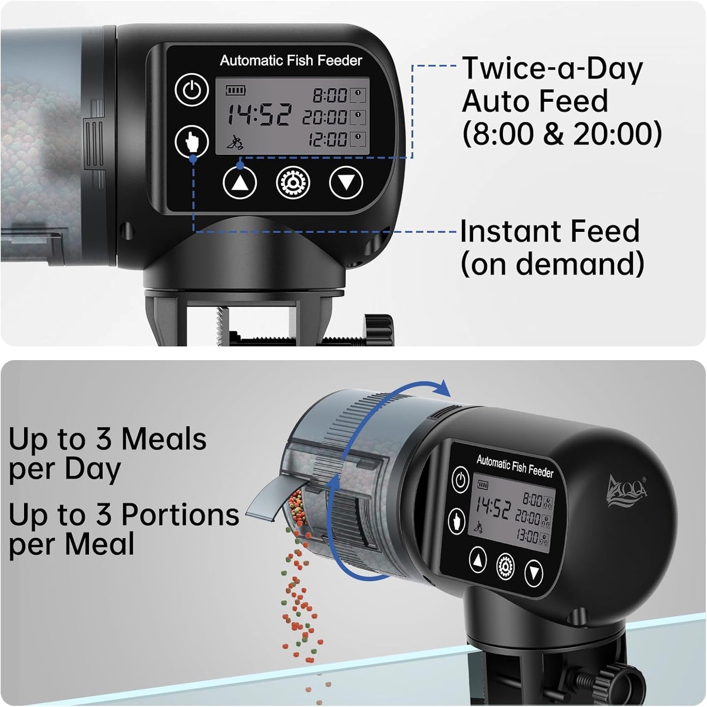 AQQA Automatic Fish Feeder for Aquarium Vacation, 200ML Large Capacity Moisture-Proof Auto Food Dispenser with LCD Timer, Battery Powered Feeder for Small Tank, Betta Fish, Turtle, Koi
