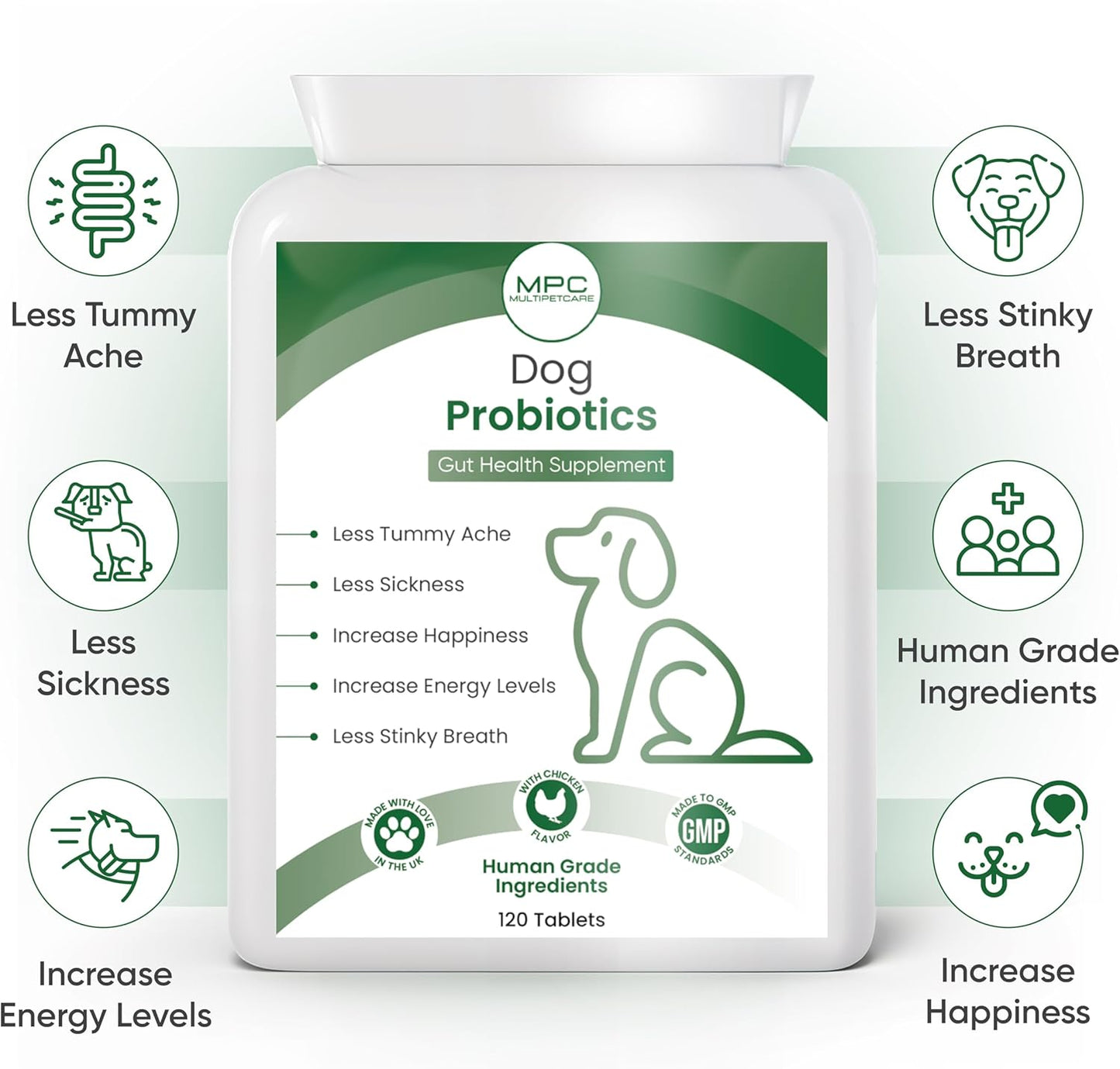 Dog Probiotics | 5-Strain 2 Billion CFU + Digestive Enzymes | Firm Stools, Less Gas & Bloating | Prebiotic Inulin + Full B-Complex Vitamins | Chicken Flavour Tablets | UK GMP | 120 Count