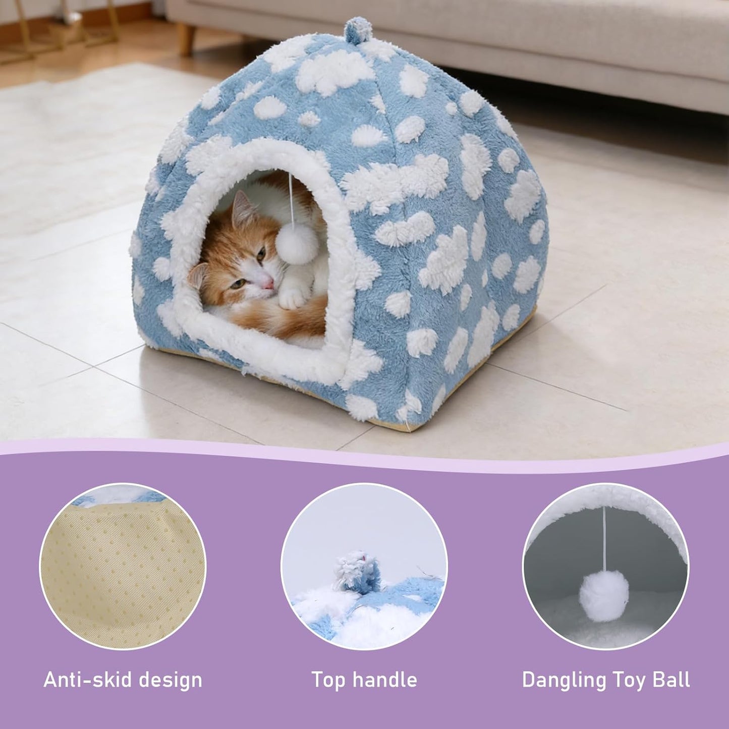 Enclosed Cat Bed Cat Cave for Indoor,Pet Beds Cats House Winter Warm Cozy Tent Washable Small Plush Houses for Soft Kitty Nest Kitten Furniture Removable Cushion Gatos Sleeping Hut