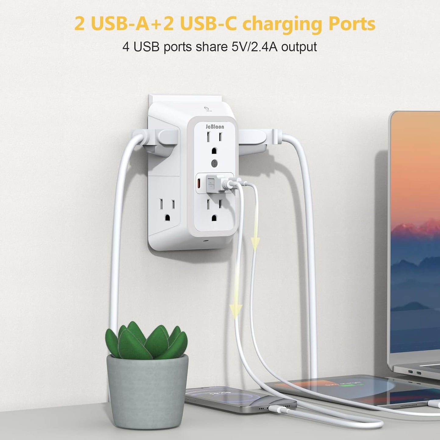 Wall Outlet Extender with Night Light, Power Plug Adapter 6 Outlet Extender with 4 USB Charging Ports 1050J Power Strip Multi Plug Adapter Spaced for Home Travel Office (2U2C)