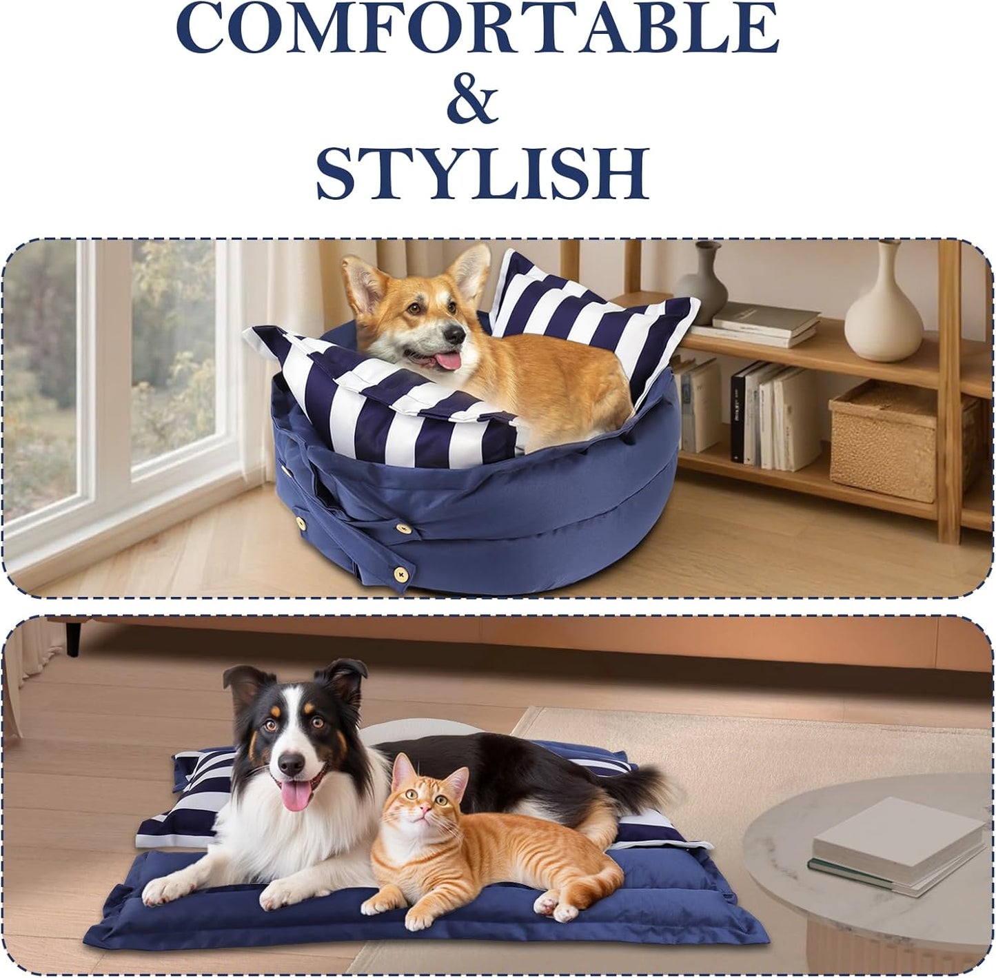 2-in-1 Dog Bed for Medium Size Dogs Up to 40 lbs Pet Bed Waterproof Dog Crate Bed with Removable Washable Cover, 23 x 9 Inches, Blue Stripes