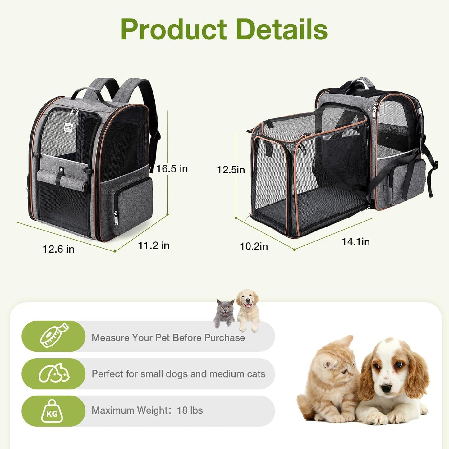 Lekebobor Cat Carrier Backpack, Expandable Pet Carrier with Sun Shade & Full Front Opening, Breathable Mesh Backpack for Small Dogs & Medium Cats Up to 18 Lbs, Foldable for Hiking, Camping (Grey)