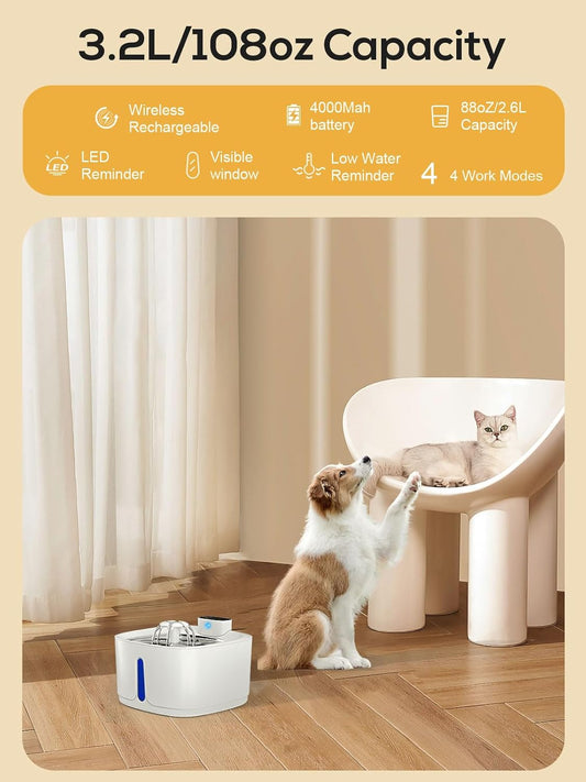 Cat Water Fountain Cordless, 108 OZ 3.2L Rechargeable Wireless Battery Operated, Pet Cat Dog Water Dispenser for Drinking, Replacement Filter,Motion Sensor, Quiet Pump