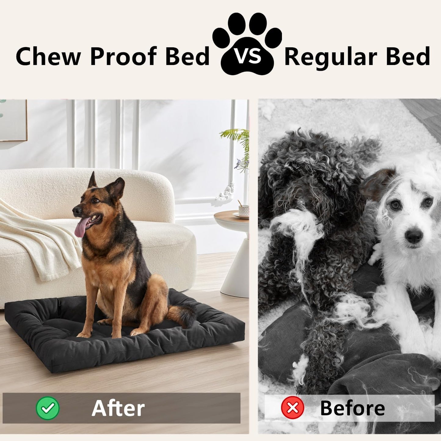 Chew Proof Dog Bed Indestructible for Large Size Durable Dog Crate Pad, Waterproof & Washable Tough Kennel Pet Mats for Aggressive Chewers (Black, L-22''x35'')