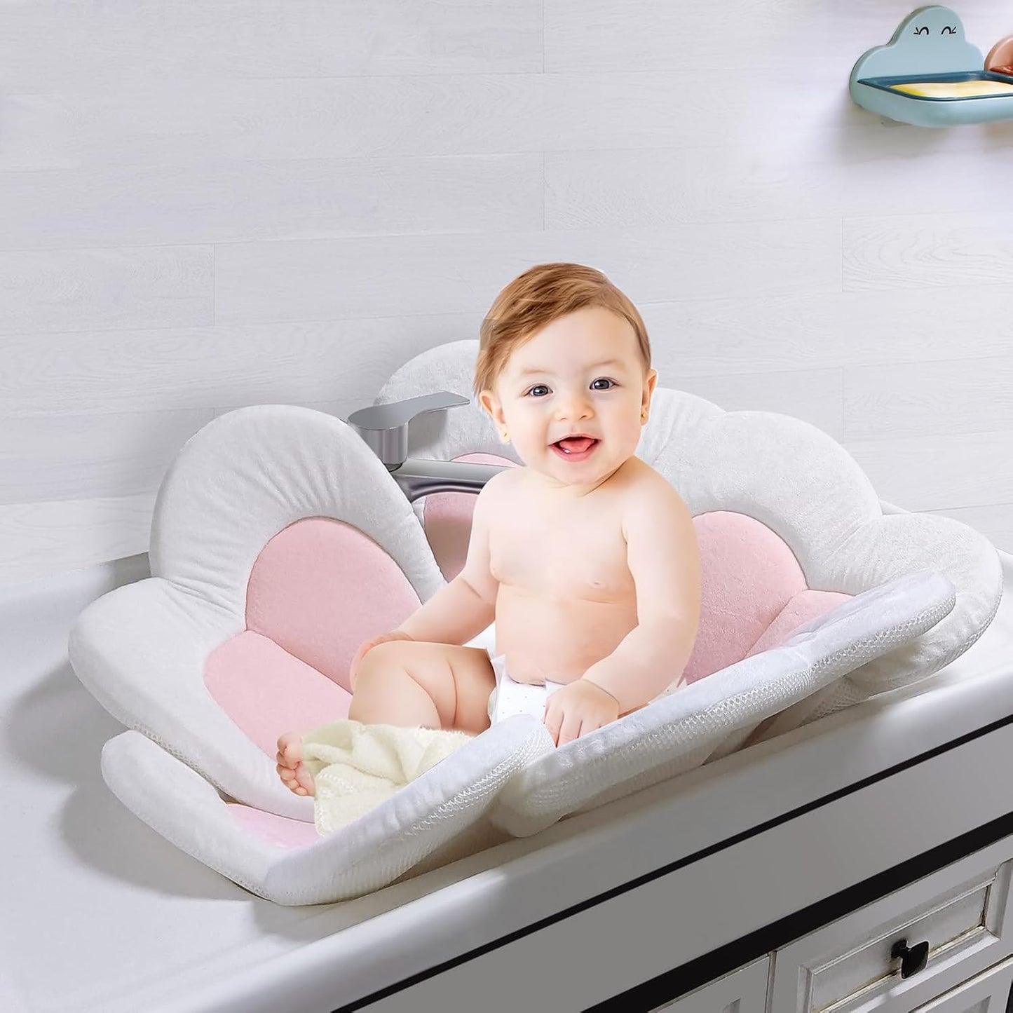 PandaEar Baby Bath Pad for Infant Newborn, Bath Baby Bath Seat to Toddler 0 to 6 Months and Up Soft Flower Petals for Sink Bathtub Essentials Shower Gift (Pink Heart)