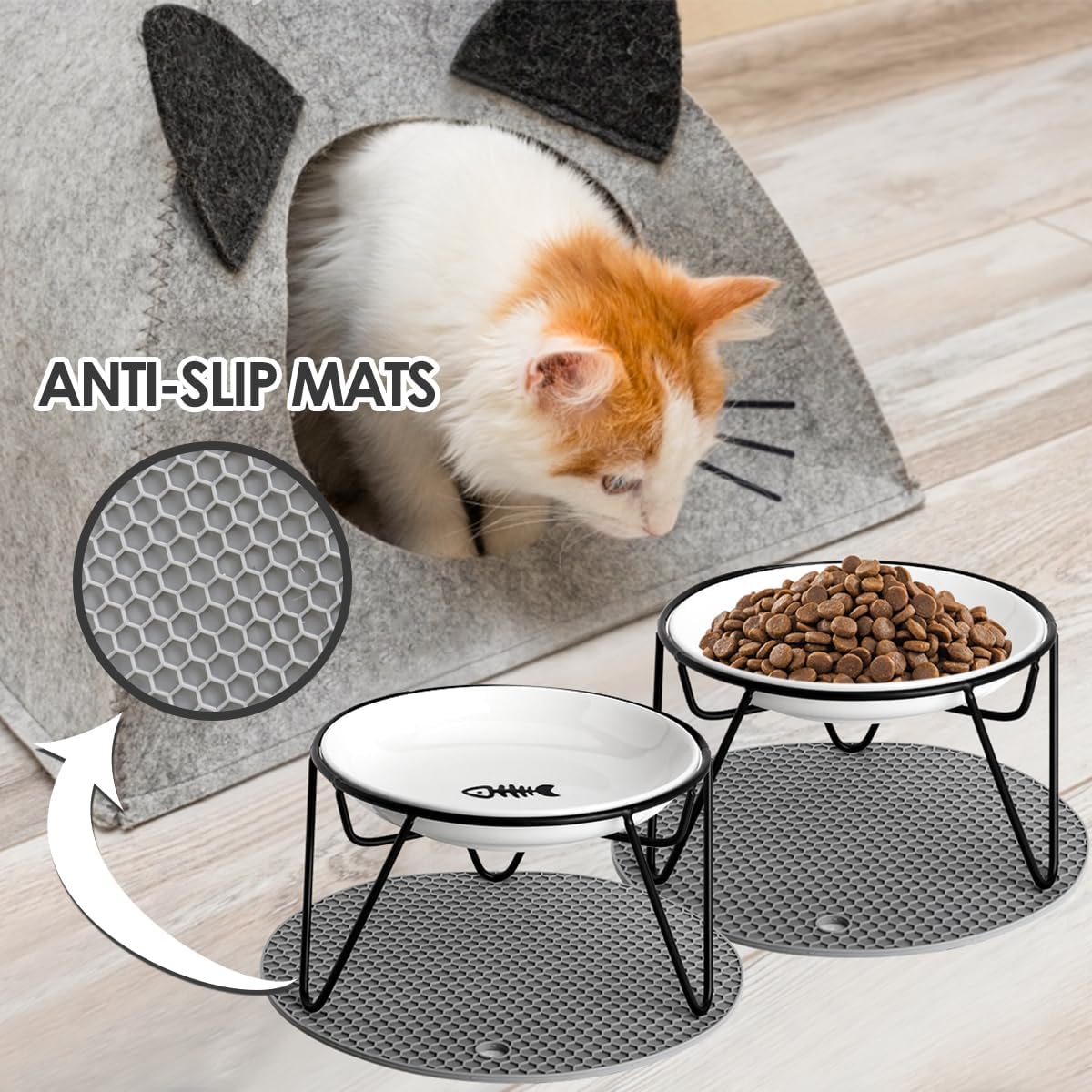 2 Pcs Elevated cat Bowls,Raised Ceramic Cat Dish with Metal Stand,Whisker Friendly,Non-Slip Mat,Pet Feeding Food Bowls Stand,Kitten Plate(2 Fish)
