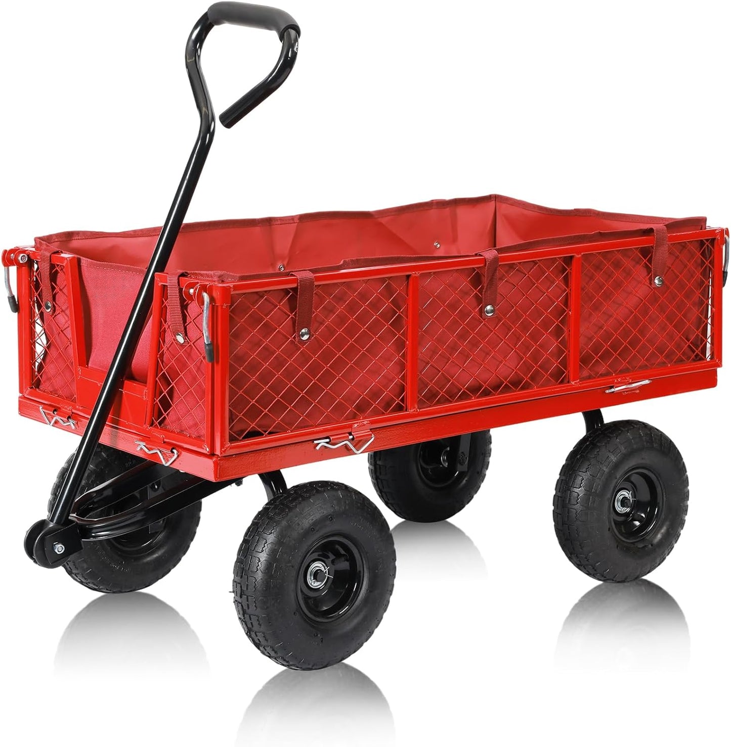 SUNNYFEEL 500 Lbs Capacity Heavy Duty Mesh Steel Garden Cart,Folding Utility Wagon with Removable Side Nets, Non-Slip Rubber Base, Red,Upgraded Version