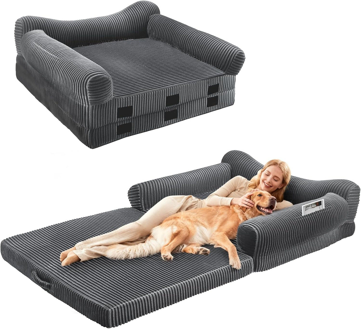 Foldable Human Dog Bed for Adult, 72"x43"x14" Giant Floor Bed for People & Pets with Orthopedic Memory Foam Sofa Bed Portable, Waterproof Machine Washable Cover, Dark Grey