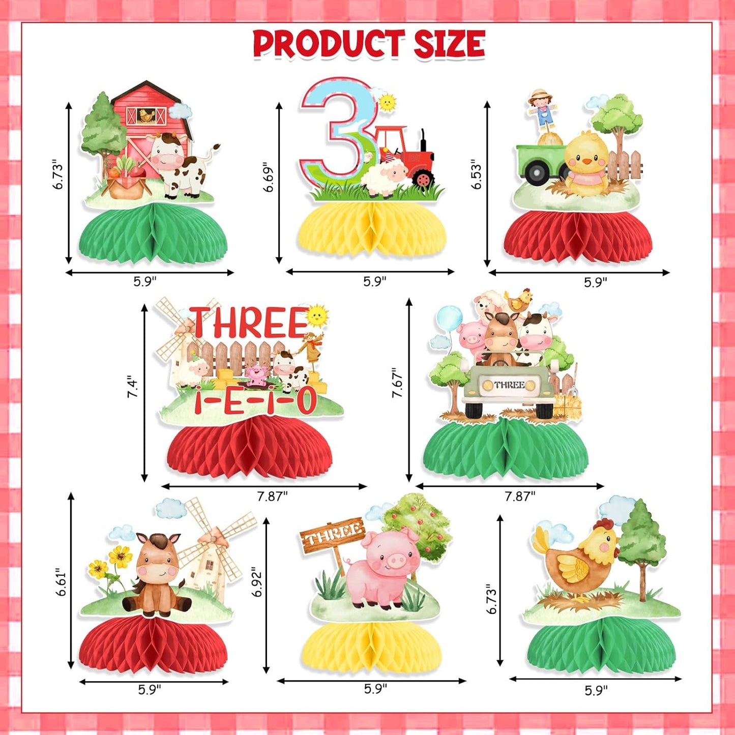 Farm Animal 3rd Birthday Decorations, 8PCS Three i e i o Farm Animal Table Decorations Honeycomb Centerpieces Farm Theme Table Toppers for Boys Girls 3rd Barnyard Birthday Party Supplies