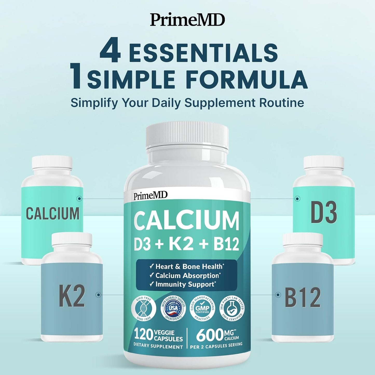4-in-1 Calcium Supplements for Women and Men - Calcium with Vitamin D3 K2 5000 IU Supplement, 600mg per Serving - Gluten-Free, Vegan-Friendly (120 ct)