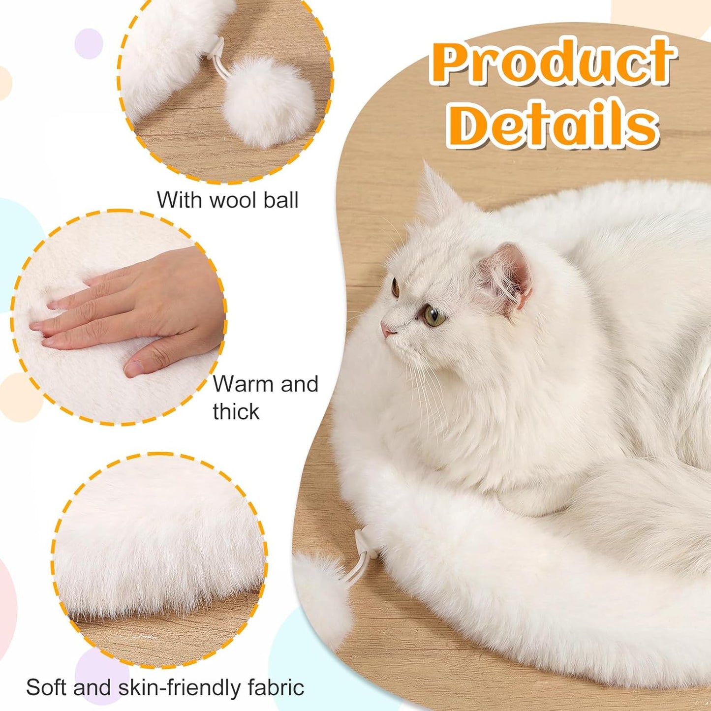 3-Pack 14" Round Cat Bed Cushion Pad Mat, Cream Faux Rabbit Fur & High-Density Foam Pet Sleeping Mat, Plush Dog Bed Mats with Wool Balls, Washable Replacement Pad for Cat Tree, Carrier, Crate, Kennel