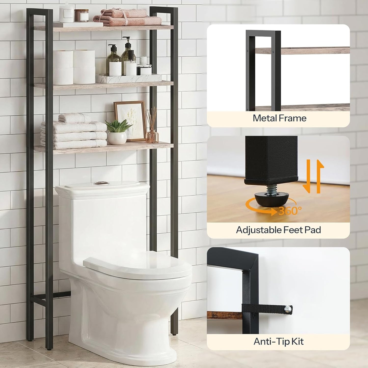 HOOBRO Over The Toilet Storage, 3-Tier Bathroom Organizer Shelf Over Toilet, Freestanding Bathroom Storage Shelves, Space Saver, Easy to Assemble for Room, Greige and Black BG41TS01