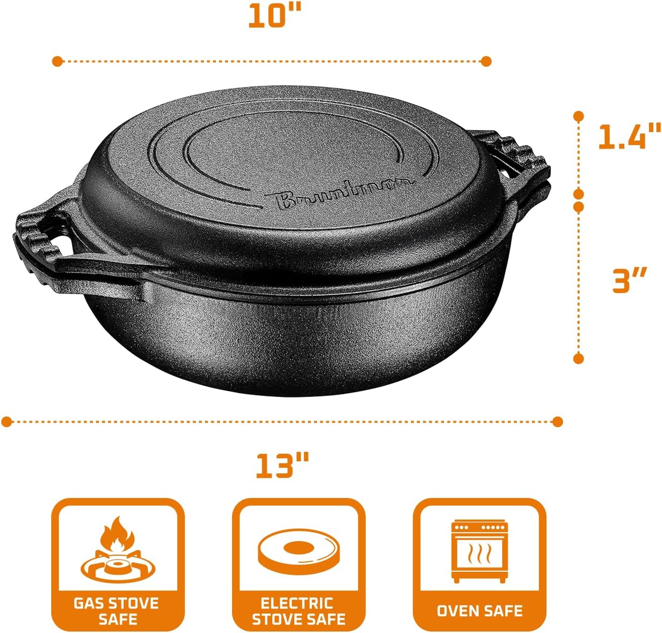 Bruntmor 2-in-1 Pre-Seasoned Cast Iron Dutch Oven with Grill Lid, 3.3 Quart - Cocotte Dutch Oven Pot and Braiser Pan with Lid and Dual Handles - Oven-Safe, Gumbo Pot for BBQ, Frying, Camping, Black