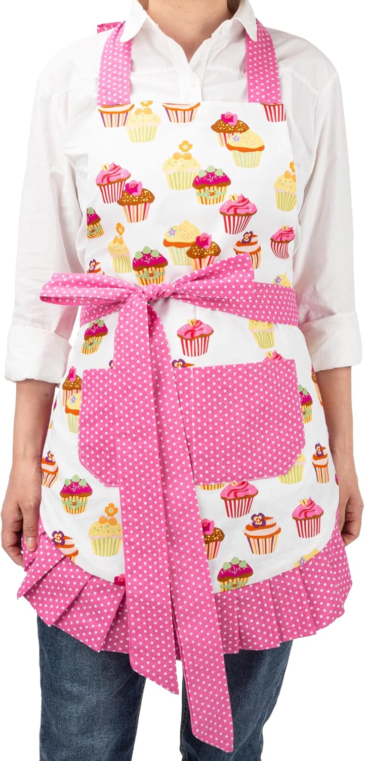 Women's Cotton Floral Apron with Pockets, Adjustable Long Ties for Kitchen Cooking, Baking and Gardening