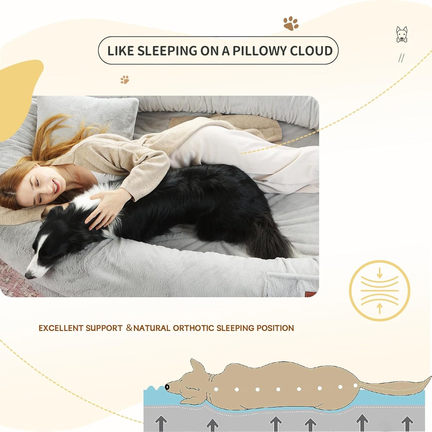 Human Dog Bed for Adults, 71"x51"x12" Washable Orthopedic Size, Faux Fur Removable, Cozy Large Present with Blanket and Pillow, Grey