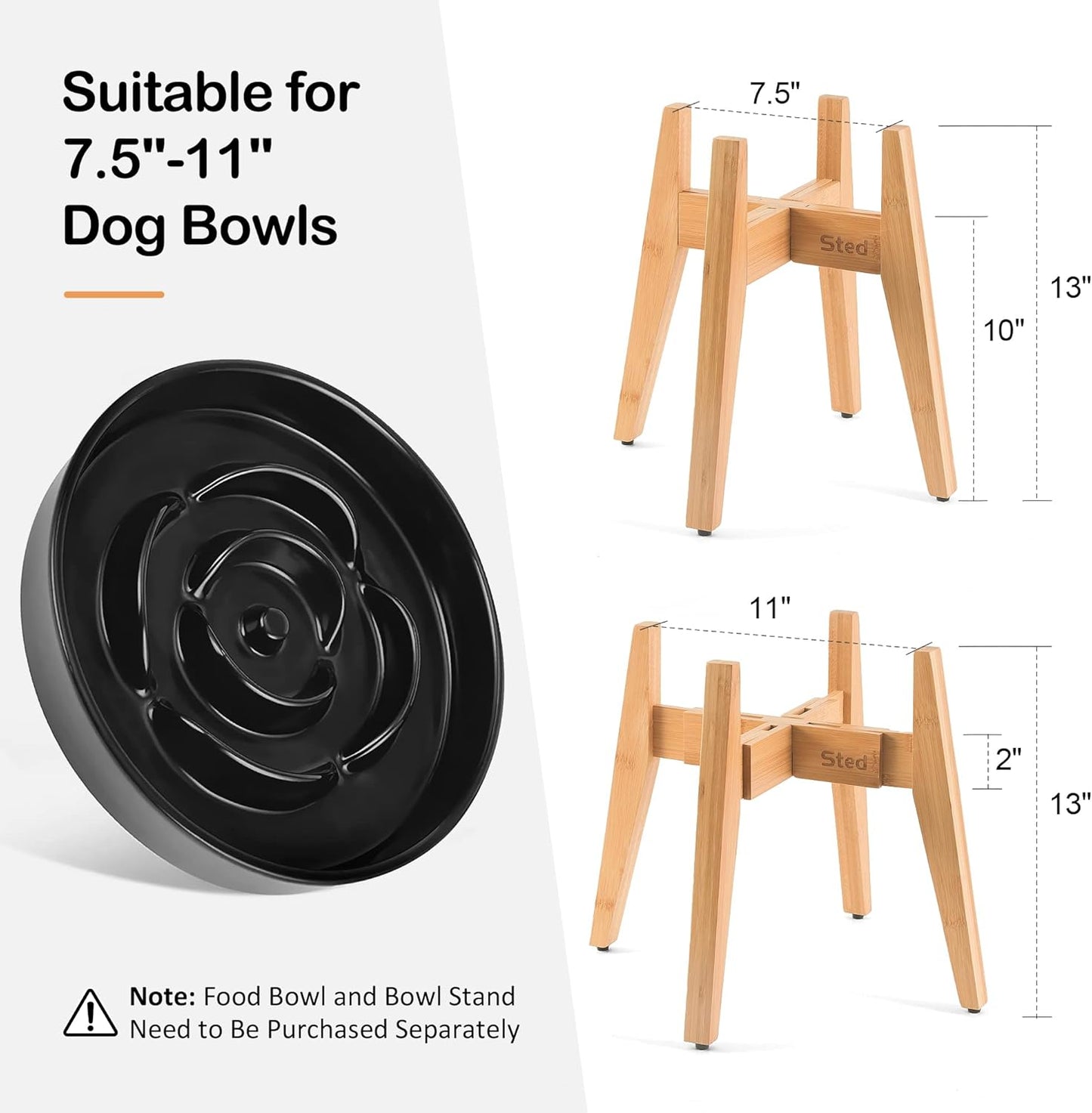 Sted Elevated Dog Bowl Stand - 100% Bamboo, Adjustable Width 7.5-11 Inches, 13" Tall, Single Raised Dog Food and Water Bowl Stand