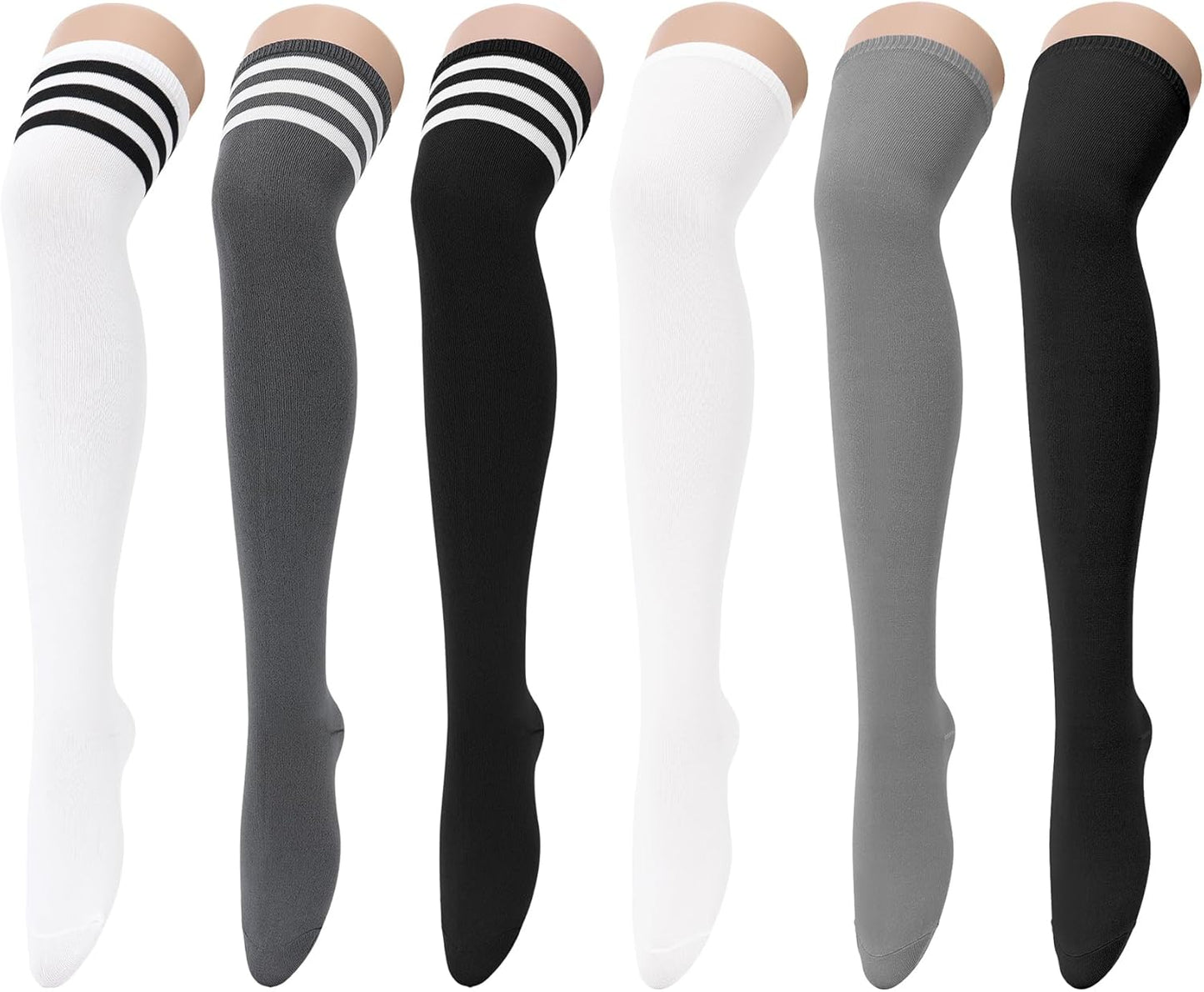 Zando Women's 6-Pack Cotton Thigh High Over Knee Socks - Striped Boot Socks & Leg Warmers for Daily, Sports, Cosplay