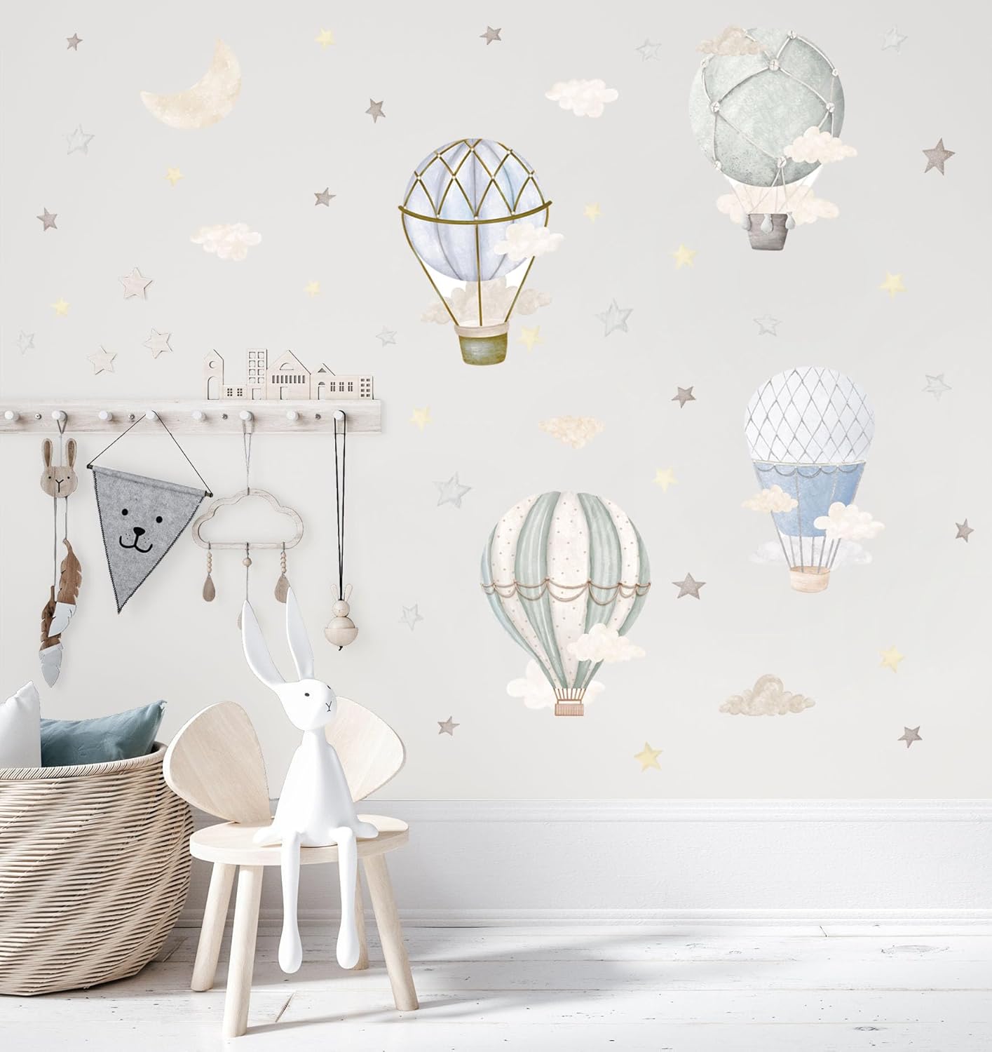 Watercolor Hot Air Balloon Wall Decals, Stars Clouds Balloon Vinyl Wall Stickers, Peel and Stick Colorful Artwork for Nursery Bedroom Toddler Room Playroom Decor
