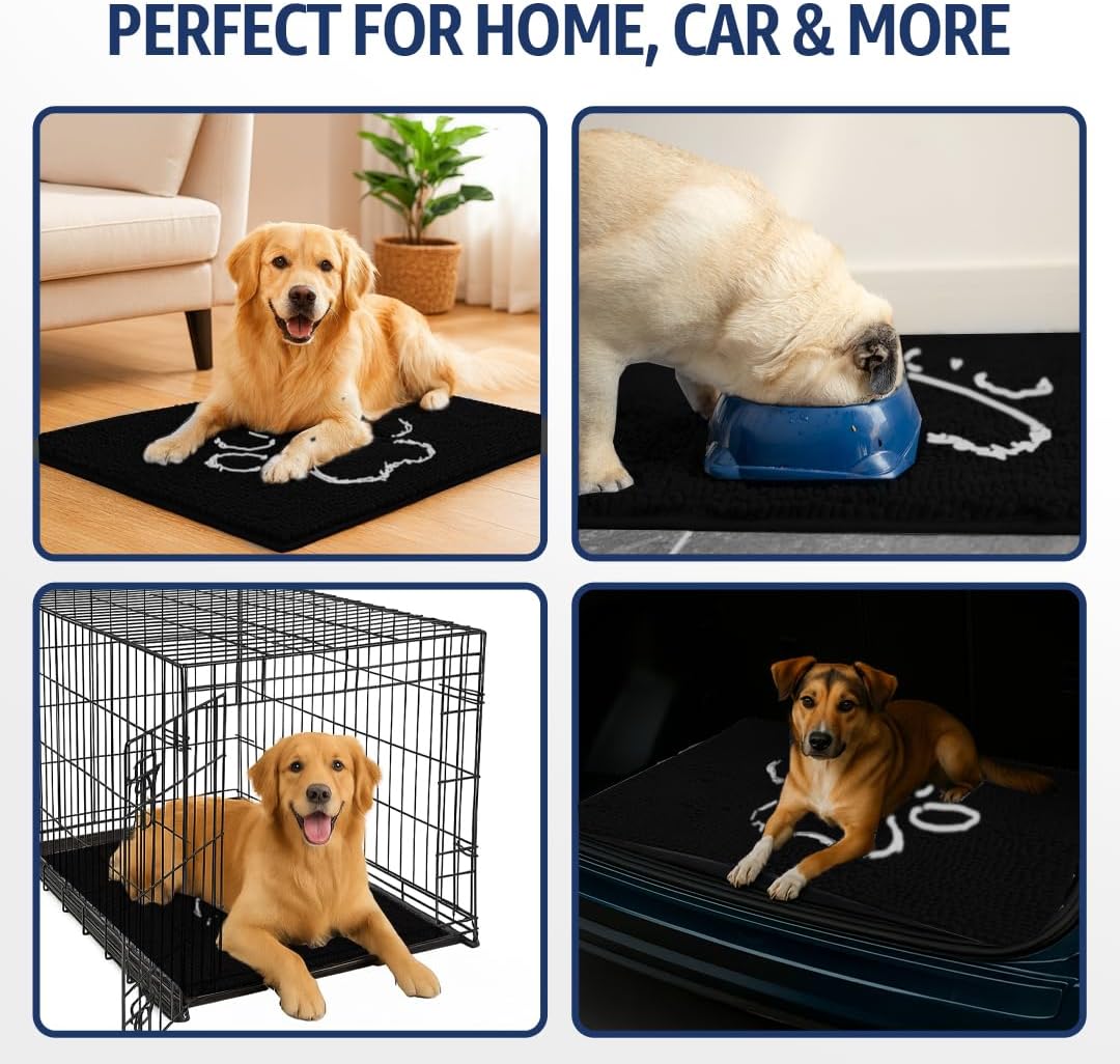 MUDGUARD MAT™ Dog Door Mat with Paw Design for Muddy Paws, Super Absorbent Microfiber, Non-Slip Indoor Mat, Quick-Dry Chenille Rug for Pets & Entryway, Machine Washable, Black 16" x 24"
