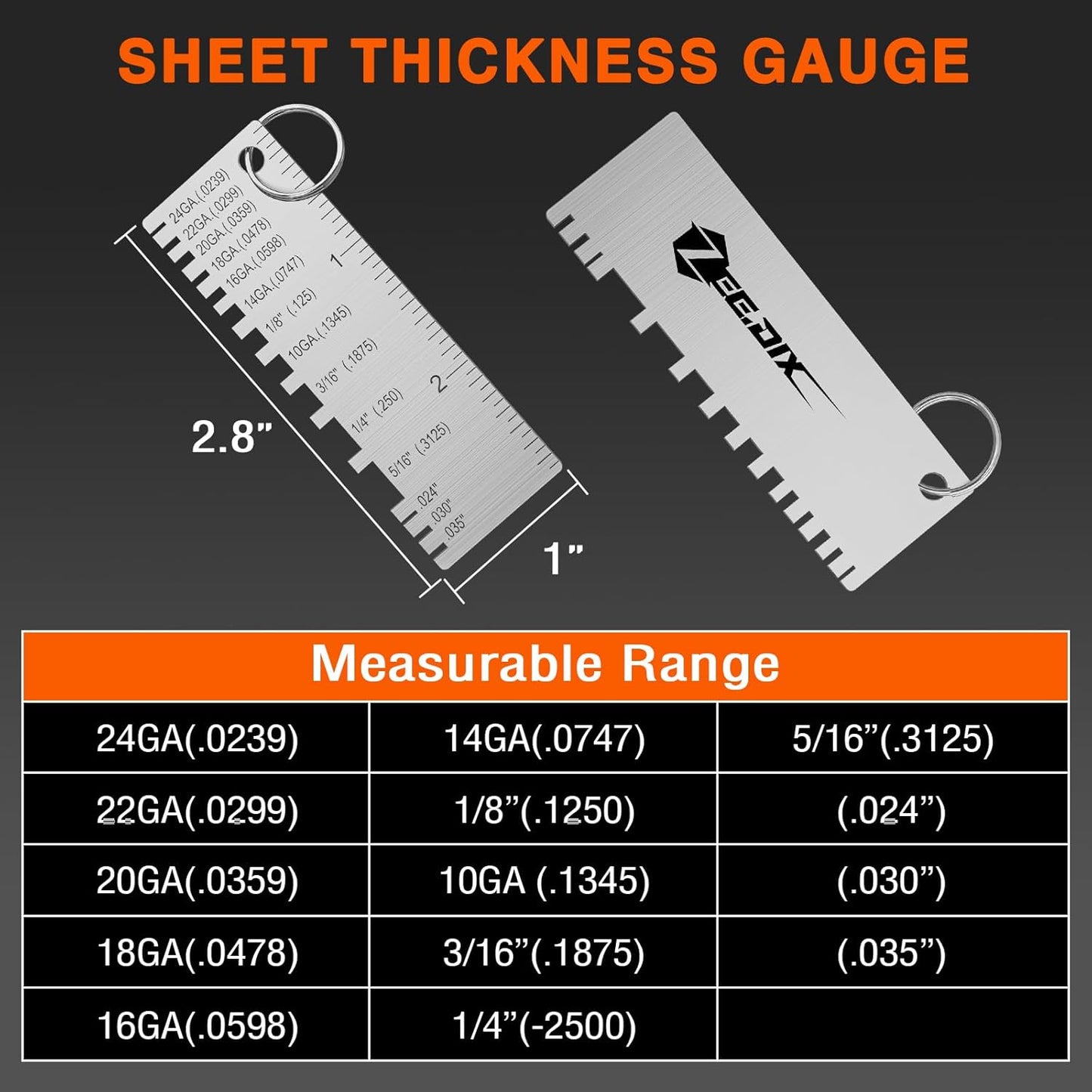 ZeeDix Wire Gauge Measuring Tool (2 Pcs) - Round Dual Sided Metal Sheet Gage & Metal Sheet Thickness Gauge, Stainless Sheet Wire Size Chart & Welding Measurement Tool