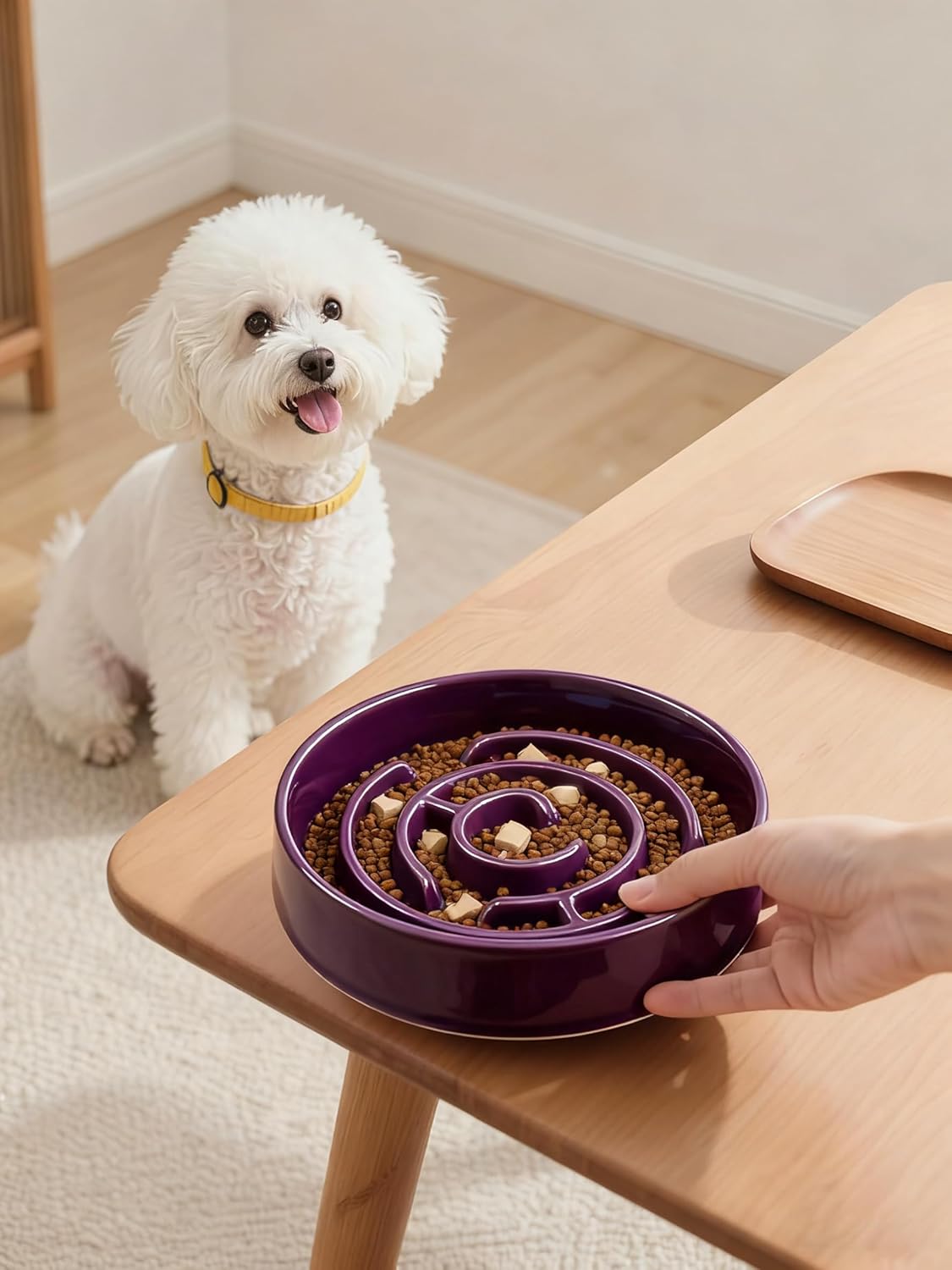 Purple Ceramic Slow Feeder Dog Bowl,1.5 Cups Pet Slow Feeder for Small and Medium Breed,Puzzle Dog Food Dish,Anti-Gulping,Stop Bloat,Preventing Choking