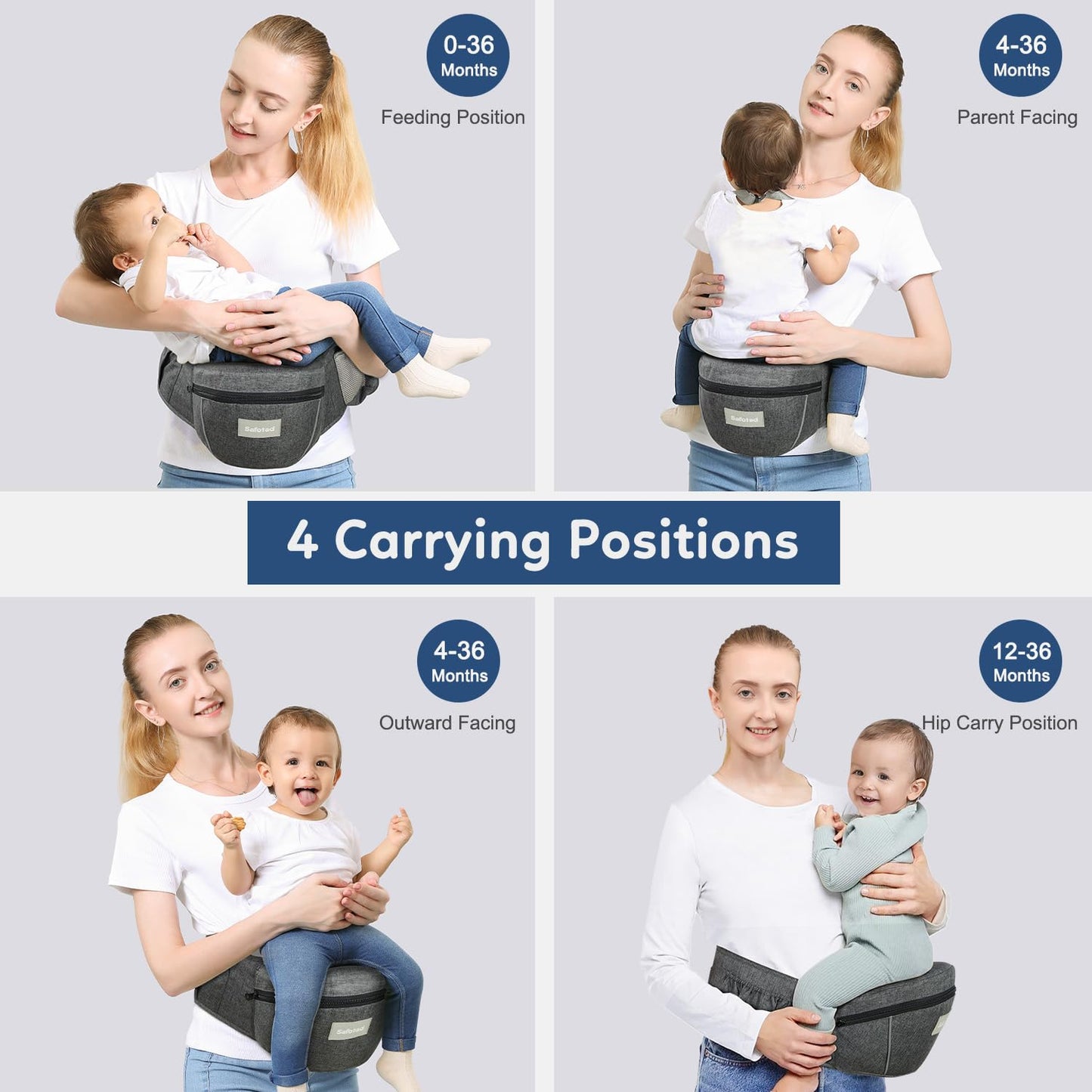 Baby Carrier with Hip Seat, Ergonomic Front Carrier for Newborns & Toddlers, Adjustable Waistband with Strong Support, Large Pocket Design, Grey