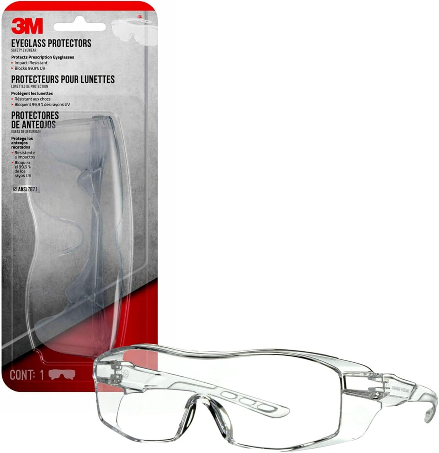 3M Eyeglass Protectors, High-Impact-Resistant Lenses, Blocks 99.9% of UV, Designed To Be Worn Over Prescription Glasses, Anti-Scratch Lenses, Clear Lenses, 1 Pack Safety Glasses (47030H1-DC)