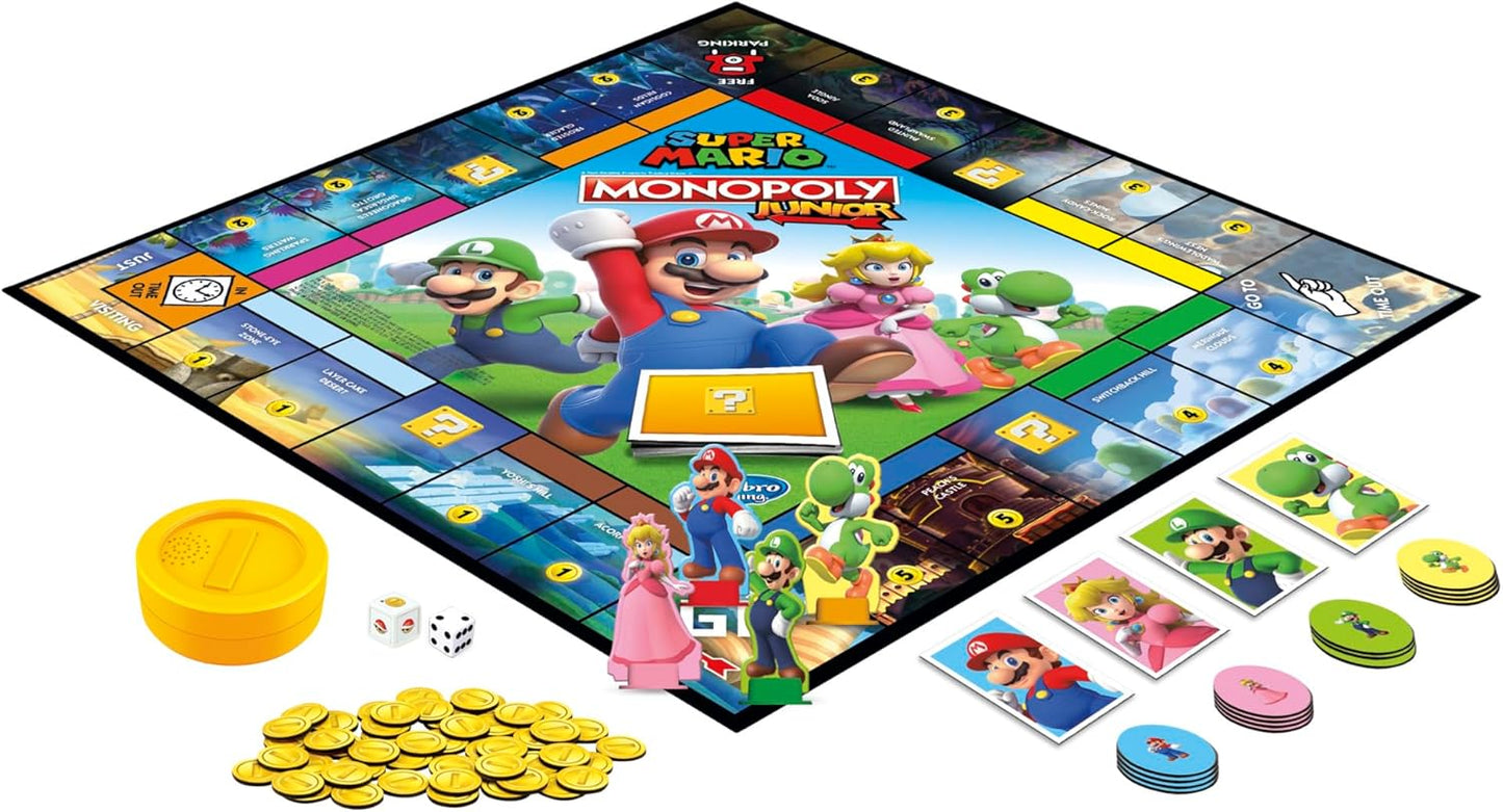 Monopoly Junior Super Mario Edition Board Game, Fun Kids' Ages 5 and Up, Explore The Mushroom Kingdom as Mario, Peach, Yoshi, or Luigi (Amazon Exclusive)