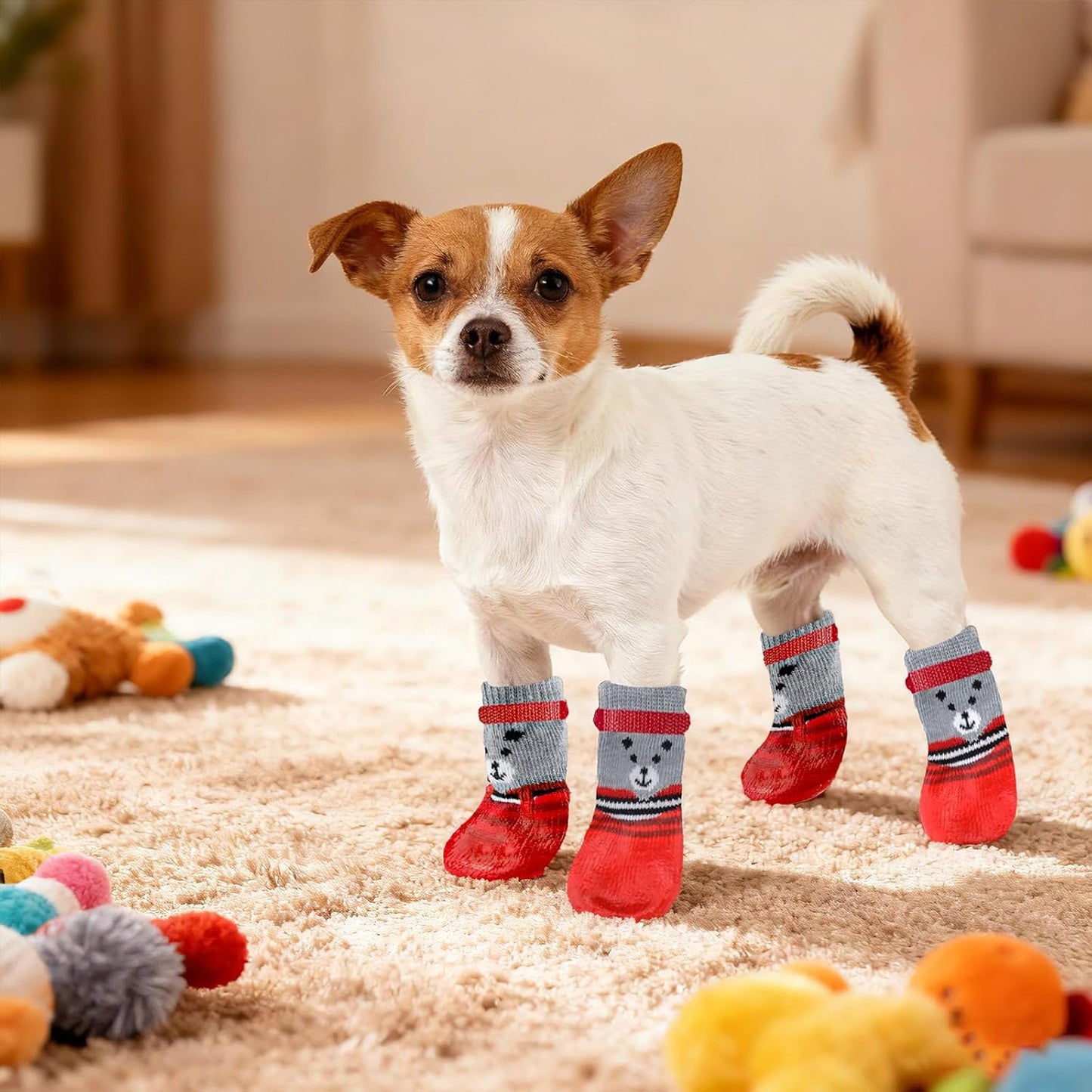 2 Set Non Slip Dog Socks Waterproof Lick Resistant Paw Protectors with Adjustable Hook and Loop Fastener, Breathable Pet Shoes for Medium to Large Dogs(Red, L)