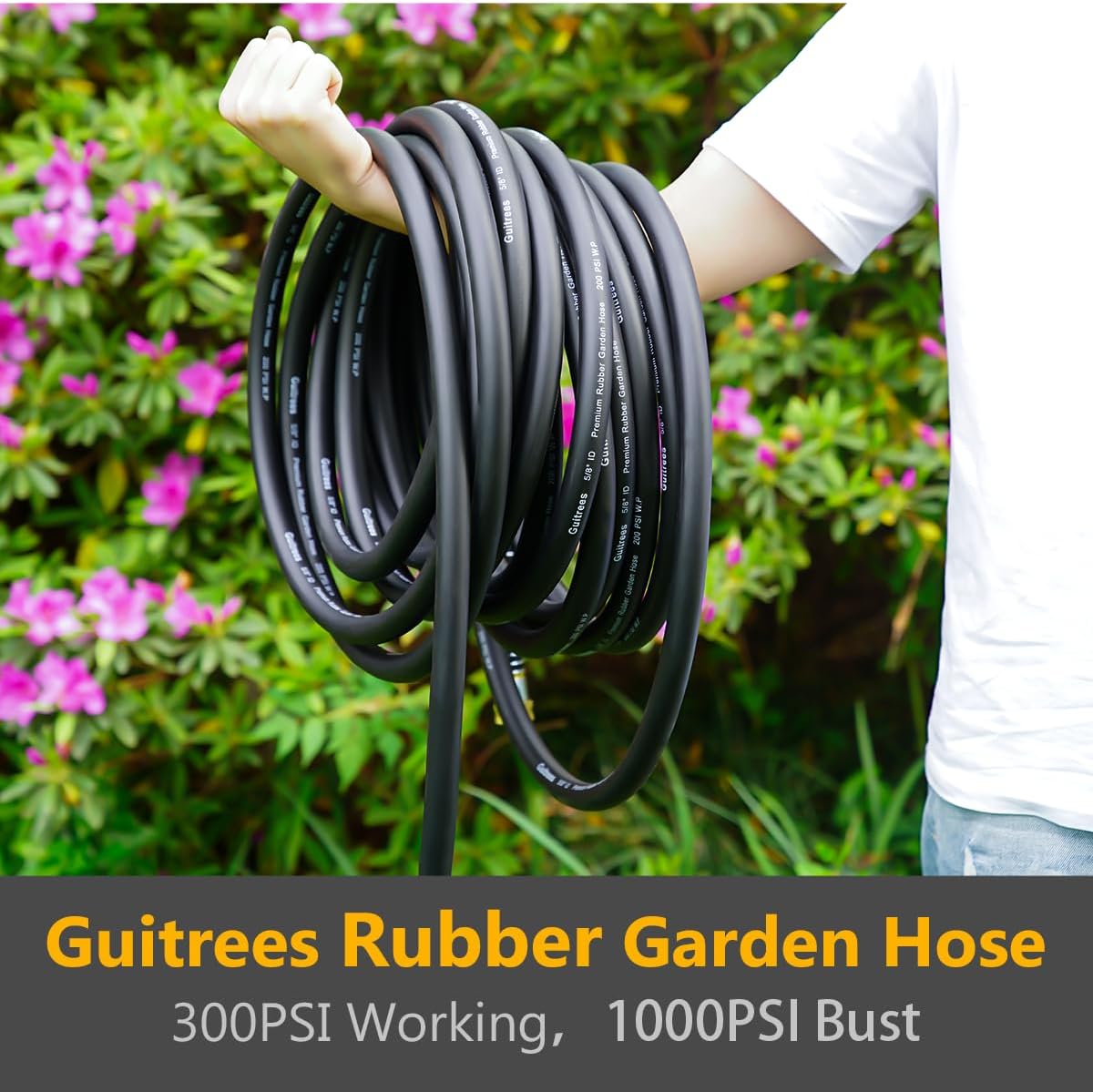 50FT 3/4 Heavy Duty Rubber Garden Hose - 300psi Working, 1000psi Burst - Hot/Cold Water - Five-Layered Braiding for Durability - Versatile for Gardening, Agriculture, Construction(Black)
