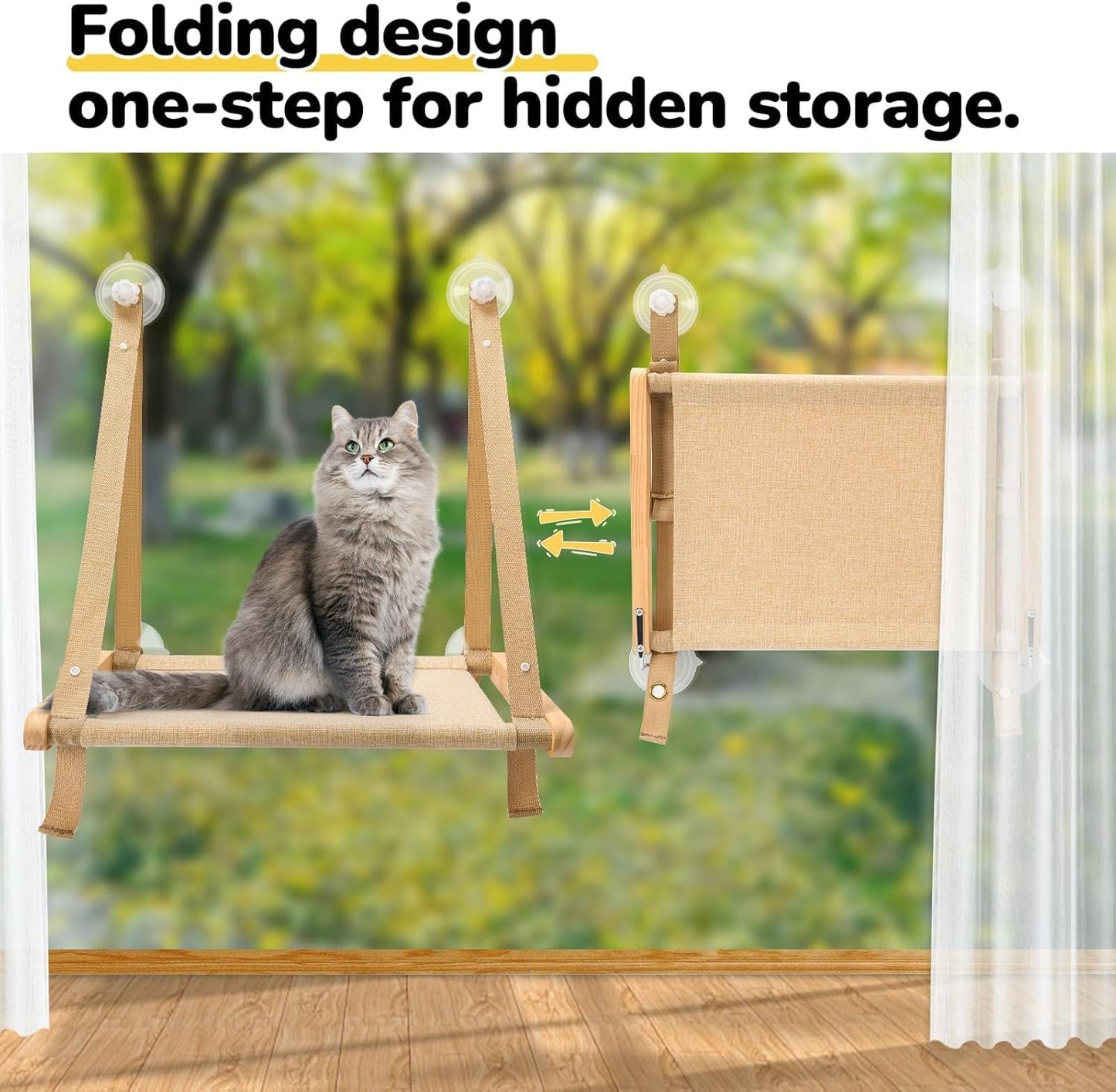 CATISM Cushion Cat Window Perch - Hammock - Window - Seat - Home - Cat Bed for Small to Medium Indoor Cats, Wooden, Machine Washable Cover, Foldable (Khaki, Cushion Bed Cover)