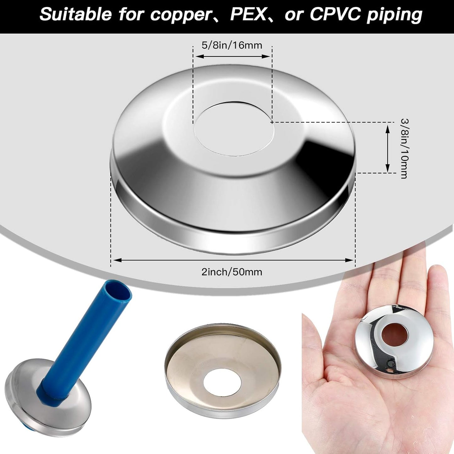 Honoson 12 Pieces 1/2 Inch Escutcheon Plates Pipe Covers Chrome Plated 304 Stainless Steel Escutcheon Flange Plumbing Cover Plates for 5/8 Inches OD Copper, PEX, PVC Pipe Wall Covers