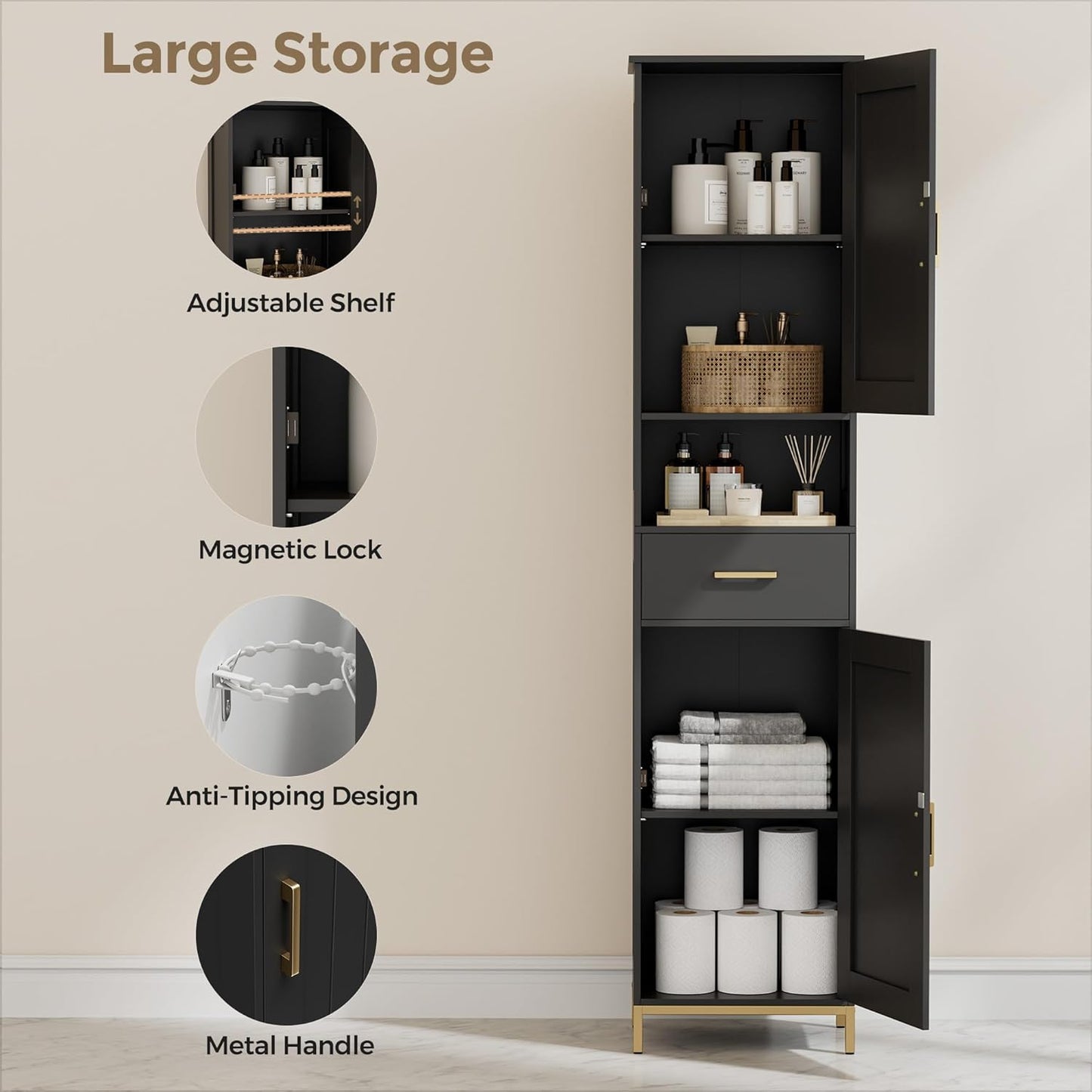 Homhedy 67" H Bathroom Storage Cabinet, Tall Storage Cabinet with Adjustable Shelves, Freestanding Cabinet with Doors and Drawer, Narrow Cabinet for Bathroom, Living Room, Kitchen, Dining Room, Black