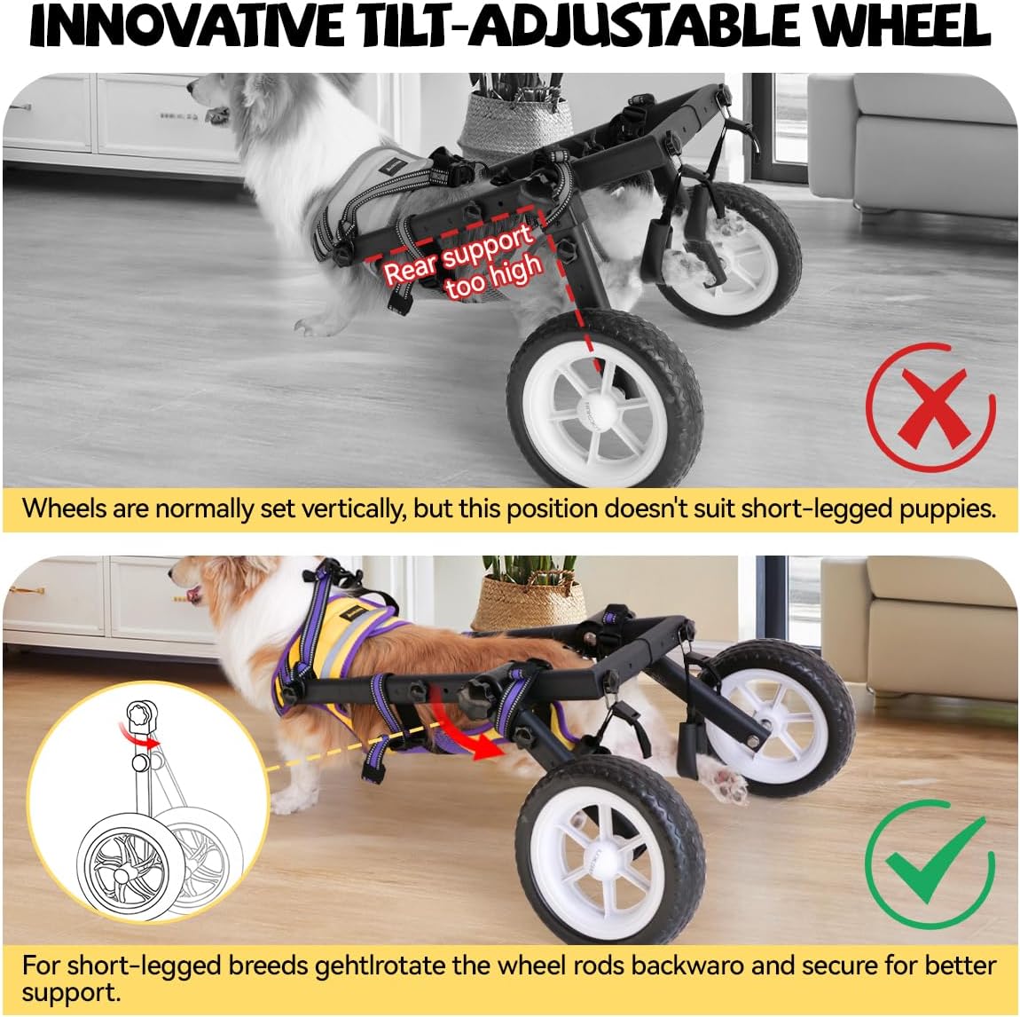 Dog Wheelchair for Back Legs Small, Newly Wheelchair for Small/Medium Dogs, Adjustable Dog Carts with Wheels for Disabled Hind Legs, with Leash, Angle-Adjustable All-Terrain Wheels - M