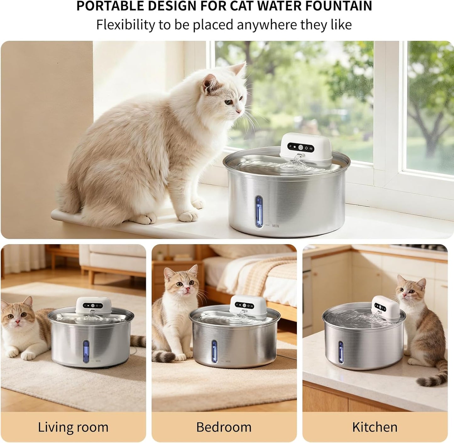 YFL Wireless Cat Water Fountain, 108oz/3.2L Battery Operated Pet Water Fountain, Stainless Steel Dog Water Dispenser with Motion Sensor, Quiet Cordless Cat Fountain for Inside