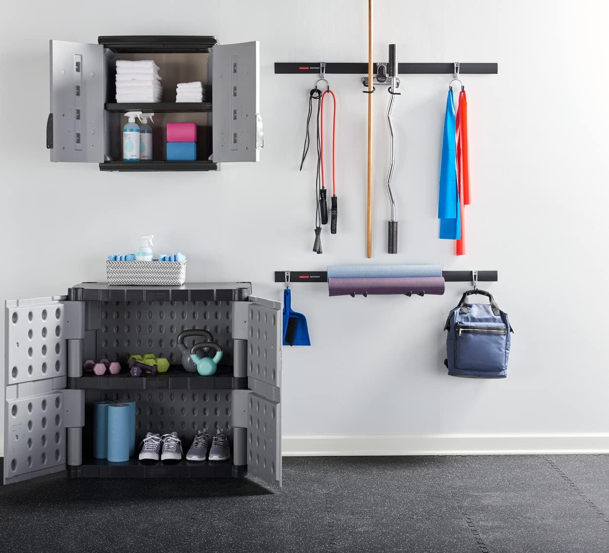Rubbermaid Freestanding Storage Cabinet with Doors 18"D x 36"W x 37"H Medium Gray/Black Two-Shelf Lockable Cabinet for Indoor/Outdoor/Garage Storage for Garden Tools/Lawn Care Accessories