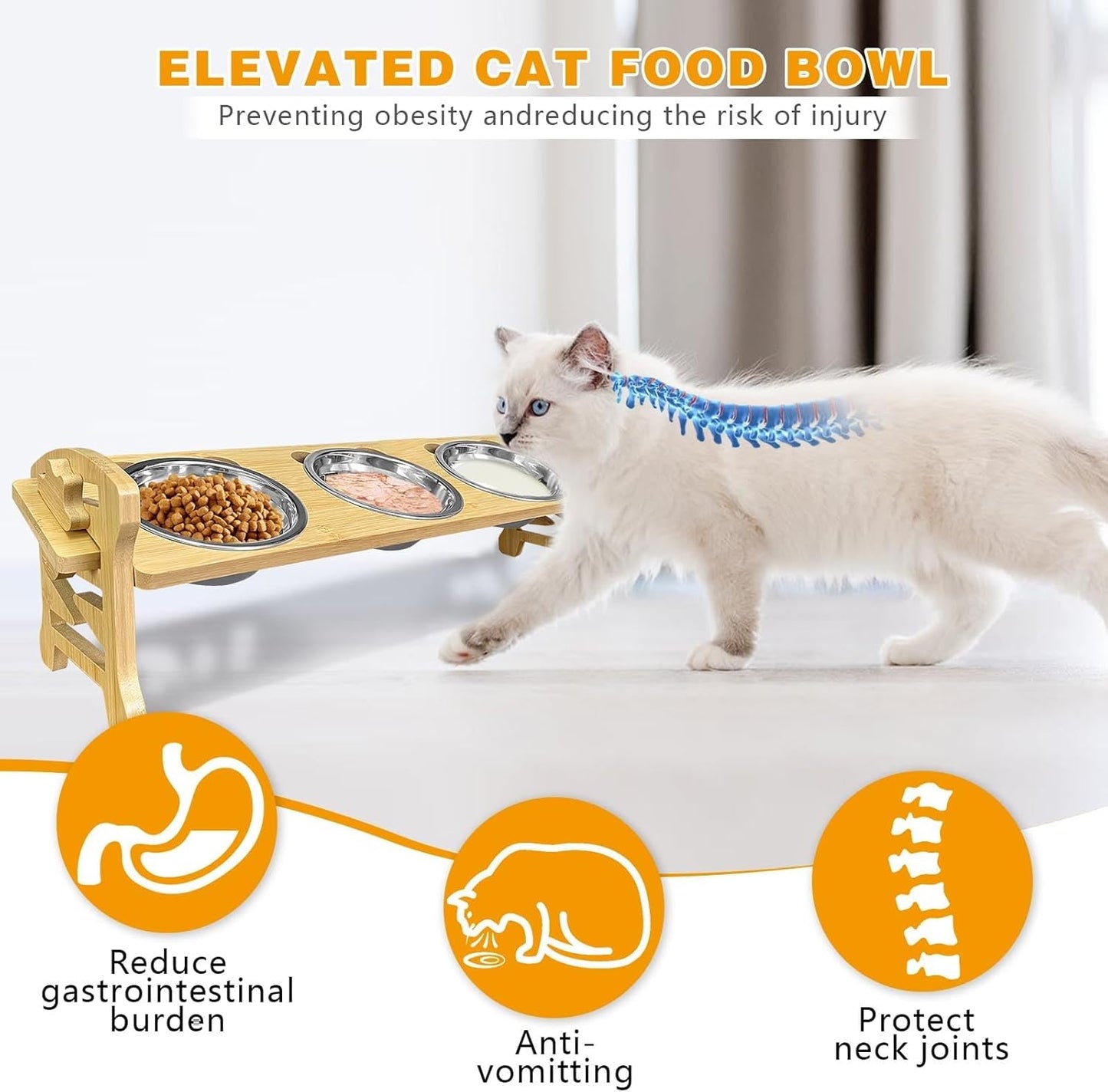 Elevated Cat Bowls 15° Tilted : 3-Pack Stainless Steel Food Bowls with Bamboo Stand - Anti-Overflow, Dishwasher Safe, 6 Adjustable Heights and Whisker Fatigue Relief for Indoor Cats