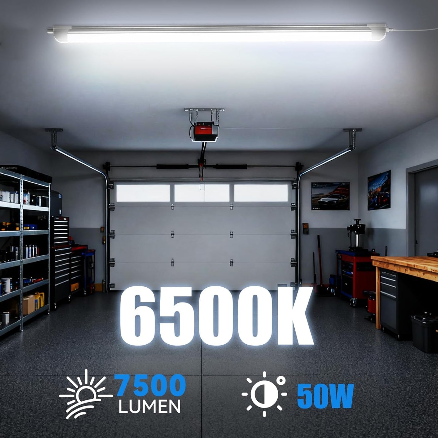 CNSUNWAY Led Shop Lights 4FT, D Shape LED Light 50W 7500LM 6500K Daylight White, Garage Light, Linkable Clear Cover T8 Integrated for Garage Workshop Workbench, ETL Listed(2-Pack)