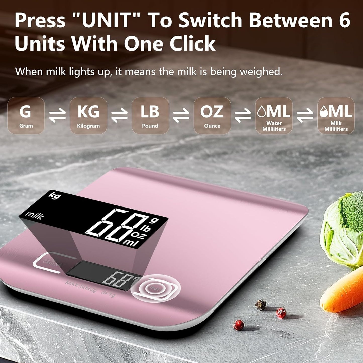 Food Scale, Digital Kitchen Scale 22lb/10kg Capacity, 6 Units with Tare Function Food Scale for Cooking, Baking, and Meal Prep Rose Gold