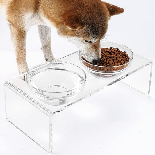 Acrylic Elevated Dog Cat Bowls Pet Feeder Double Bowl Raised Stand Comes with 2 Removable Glass Bowls and 2 Stainless Steel Bowls.Perfect for Medium Dogs, 5.5" Tall