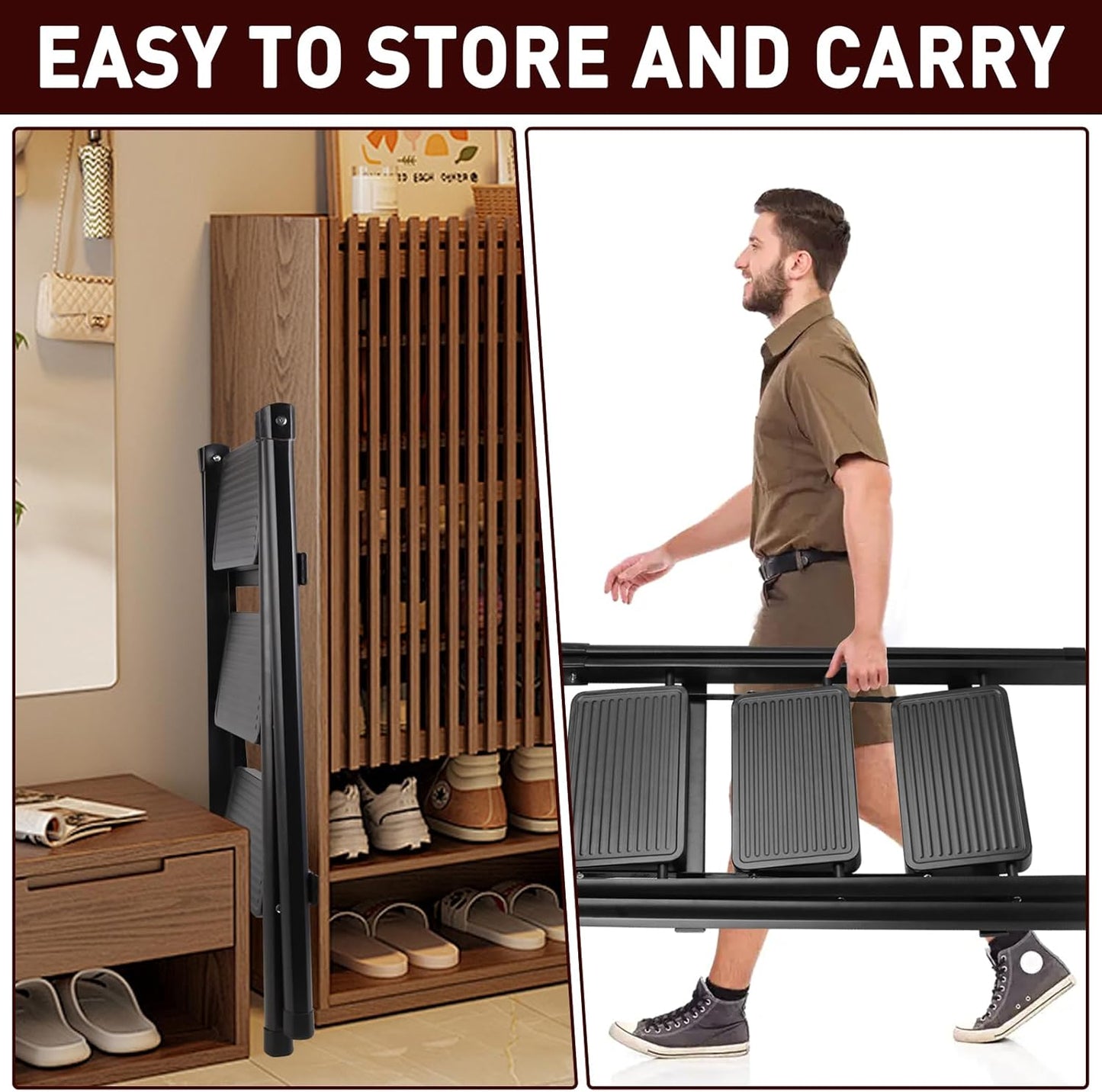 3-Step Ladder, Folding Step Stool for Kitchen/Closet/Garage, Sturdy & Lightweight Aluminum Handy Ladder, 200 lbs Capacity, Anti-Slip Pedals, Compact & Portable for Home DIY & Everyday Tasks