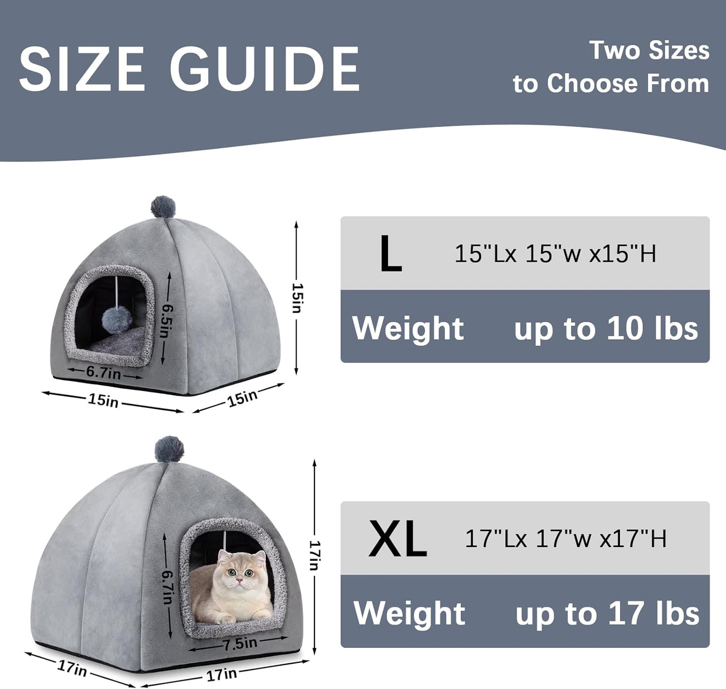 Cat Bed Cave for Indoor, Suitable for Cat Dome Bed, Hideaway Bed for Indoor Cats with Removable Mattress for Kittens. Cat Tent House for Dual Use (M:15"x15")