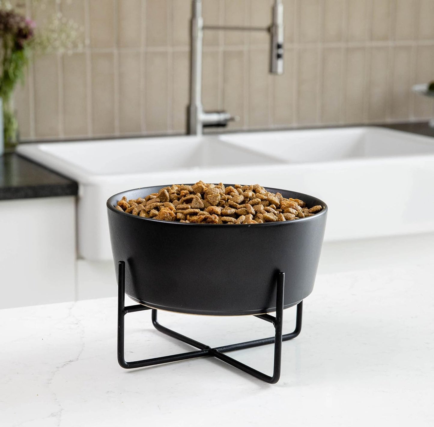 Waggo Simple Solid Dog Bowl with Iron Stand – Elevated Ceramic Feeder or Water Bowl for Small or Large Dogs (Large, Matte White)