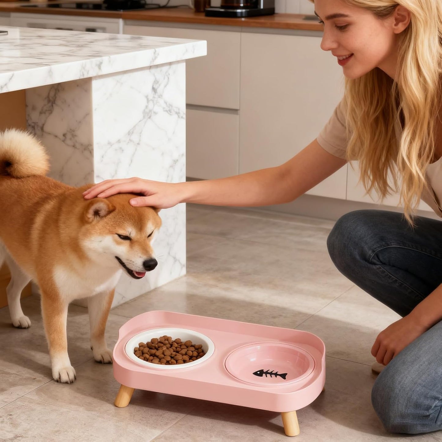 Ceramic Pet Feeder, Non-Slip Elevated Dog Bowls for Puppy Kitten with Stand, Durable Anti-Skid Ceramic Material, Indoor Outdoor Home Office Yard Patio Feeding Solution