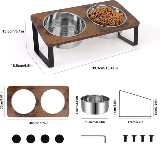 Yummy Sam 15° Tilted Raised Stainless Steel Dog Food and Water Bowl Set, Elevated Pet Bowls with Stand Double Food Feeding Dishes for Medium Dogs and Large Cats